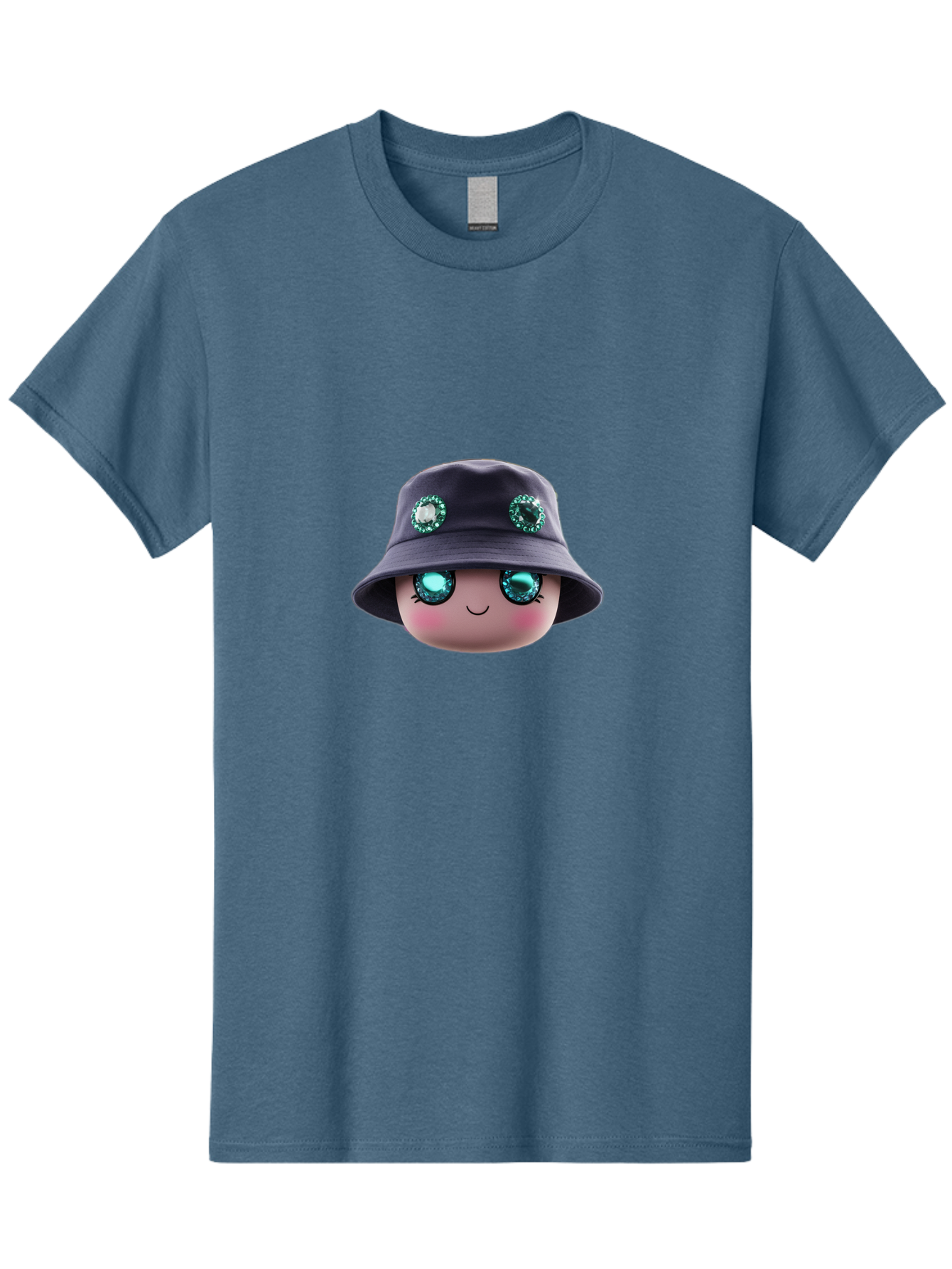 Emoji-Hat Men'S Graphic Tee, 100% Cotton, Comfortable Casual Summer Wear, Machine Washable, Cartoon Doll, Blue Eyes, Gem Eyes, Bucket Hat, Rhinestone Decorations, Cute Face, Sweet Smile, Rosy Cheeks, Whimsical Character, 3D Illustration Bad079