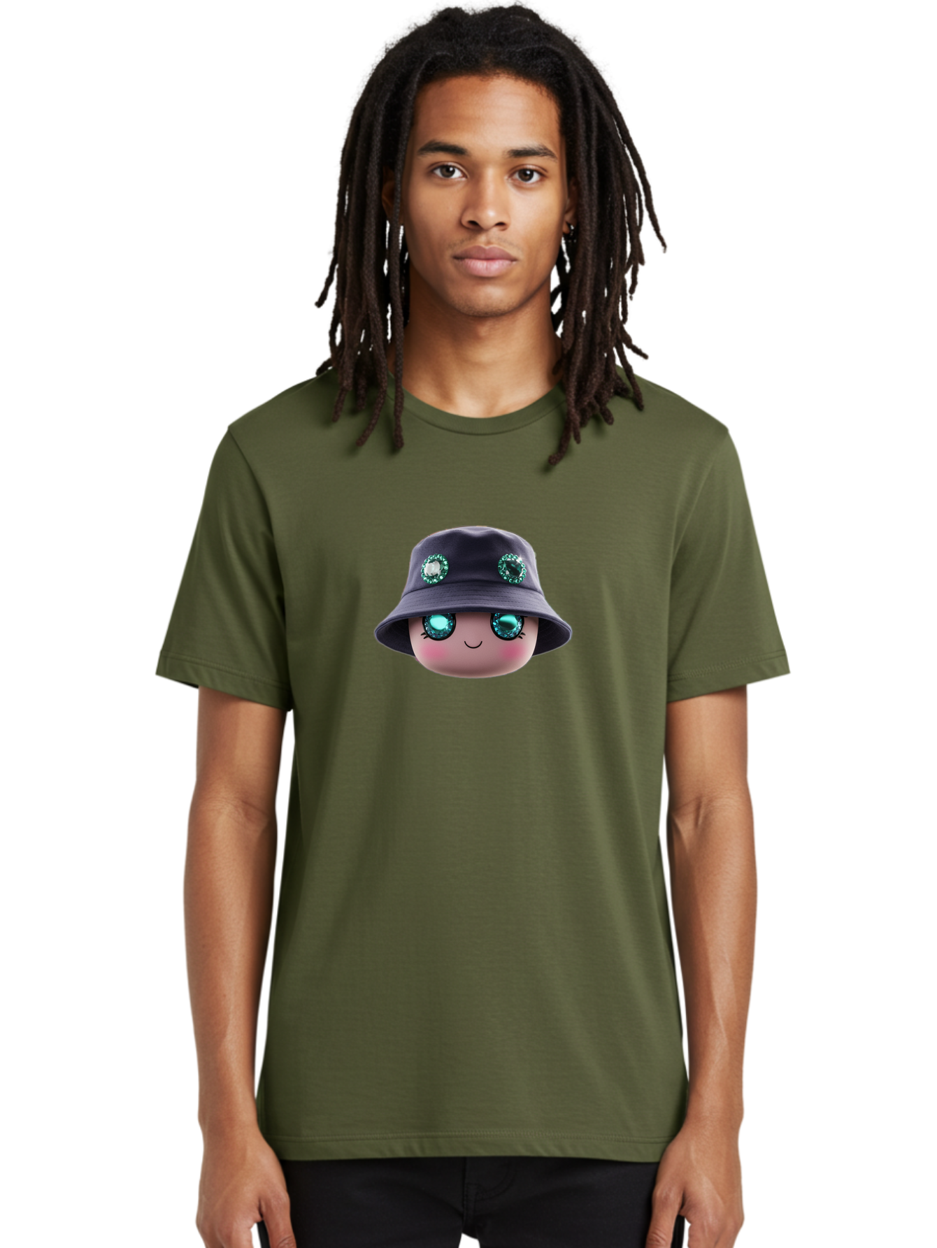 Emoji-Hat Men'S Graphic Tee, 100% Cotton, Comfortable Casual Summer Wear, Machine Washable, Cartoon Doll, Blue Eyes, Gem Eyes, Bucket Hat, Rhinestone Decorations, Cute Face, Sweet Smile, Rosy Cheeks, Whimsical Character, 3D Illustration Bad079