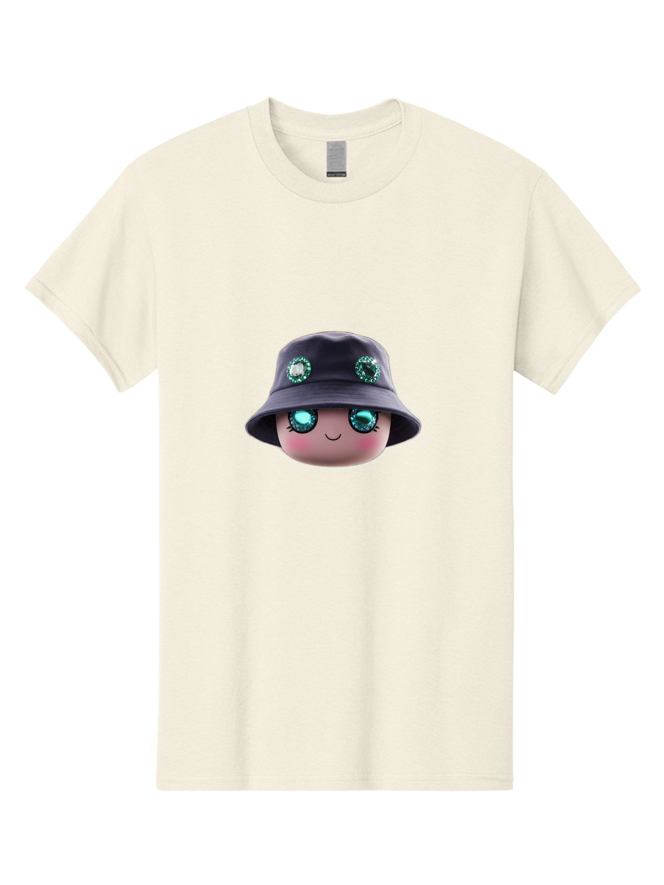 Emoji-Hat Men'S Graphic Tee, 100% Cotton, Comfortable Casual Summer Wear, Machine Washable, Cartoon Doll, Blue Eyes, Gem Eyes, Bucket Hat, Rhinestone Decorations, Cute Face, Sweet Smile, Rosy Cheeks, Whimsical Character, 3D Illustration Bad079