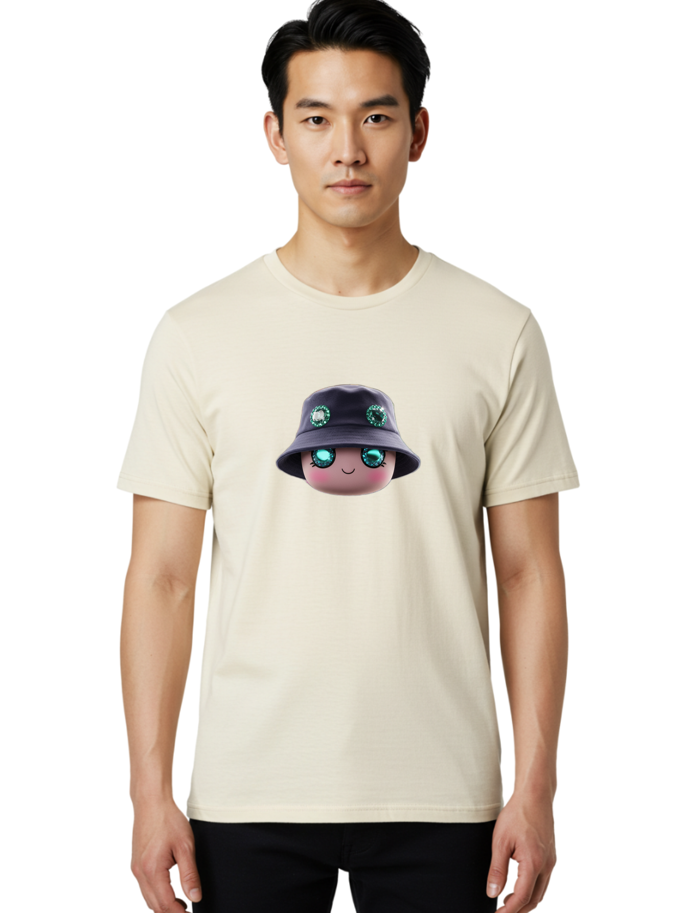 Emoji-Hat Men'S Graphic Tee, 100% Cotton, Comfortable Casual Summer Wear, Machine Washable, Cartoon Doll, Blue Eyes, Gem Eyes, Bucket Hat, Rhinestone Decorations, Cute Face, Sweet Smile, Rosy Cheeks, Whimsical Character, 3D Illustration Bad079