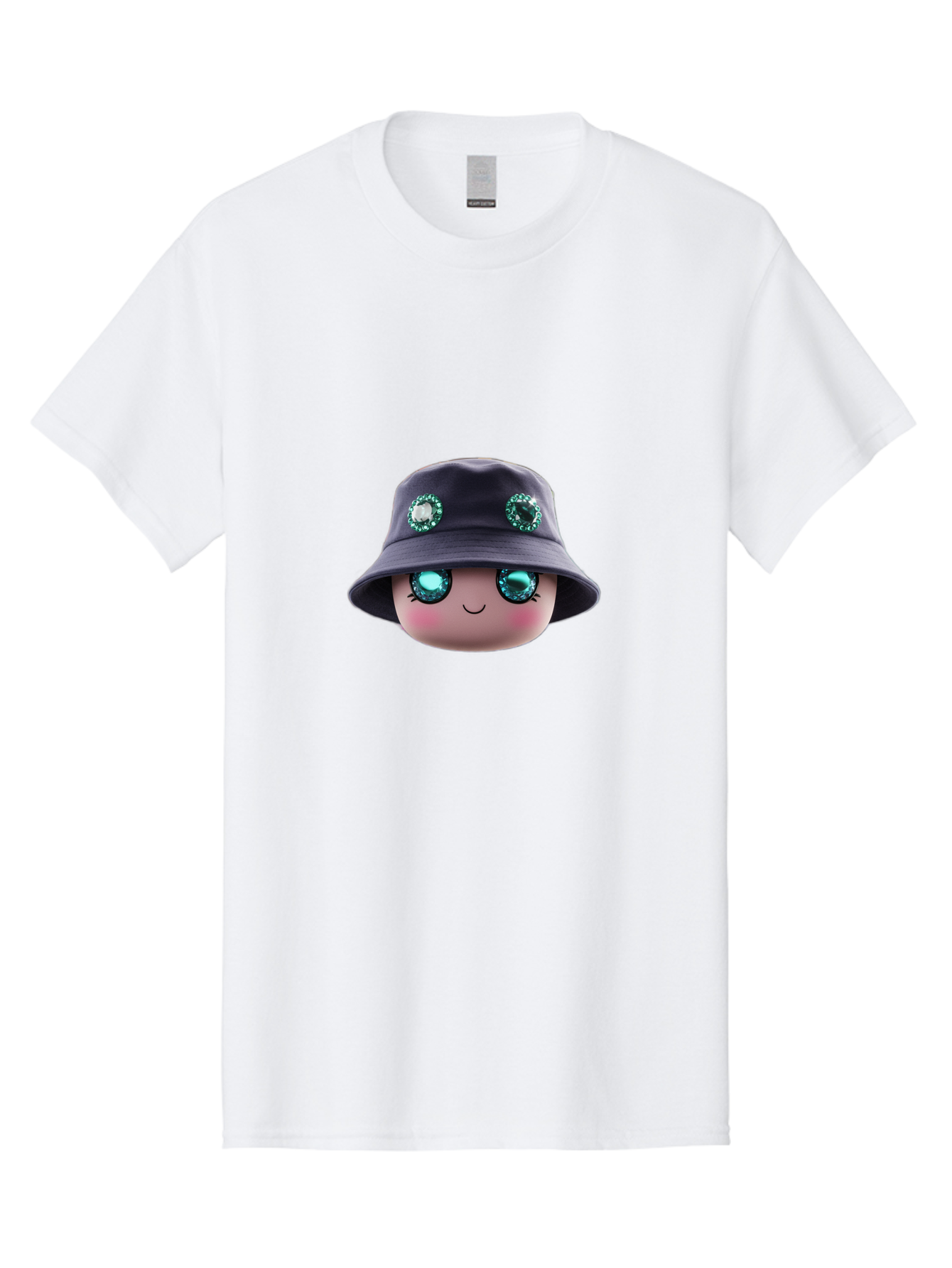 Emoji-Hat Men'S Graphic Tee, 100% Cotton, Comfortable Casual Summer Wear, Machine Washable, Cartoon Doll, Blue Eyes, Gem Eyes, Bucket Hat, Rhinestone Decorations, Cute Face, Sweet Smile, Rosy Cheeks, Whimsical Character, 3D Illustration Bad079