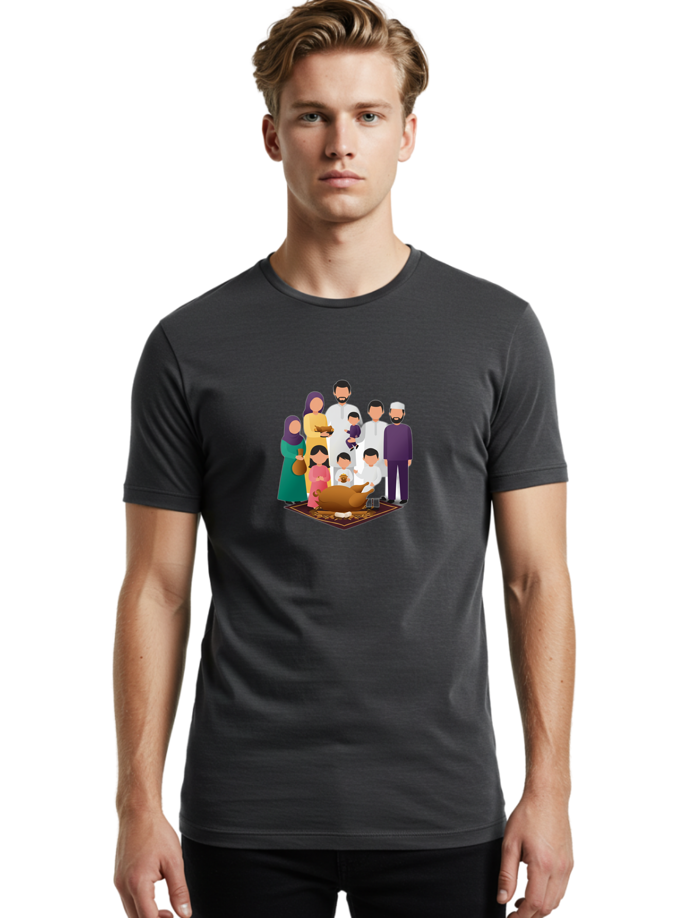 Family-Gathering-Around-Roasted-Lamb Men'S Graphic Tee, 100% Cotton, Comfortable Casual Summer Wear, Machine Washable, Family Gathering, Islamic Celebration, Eid Al-Adha, Traditional Clothing, Sacrificial Lamb, Joyful Moments, Family Bonding, Bad083