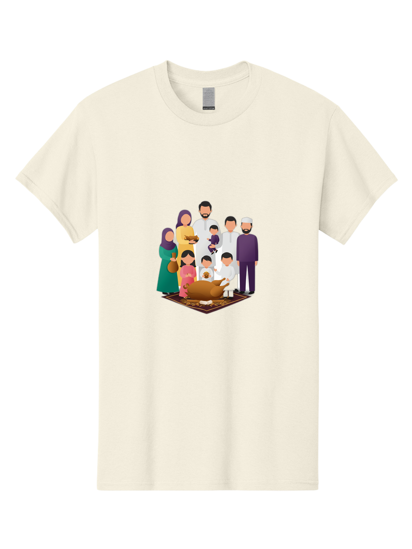 Family-Gathering-Around-Roasted-Lamb Men'S Graphic Tee, 100% Cotton, Comfortable Casual Summer Wear, Machine Washable, Family Gathering, Islamic Celebration, Eid Al-Adha, Traditional Clothing, Sacrificial Lamb, Joyful Moments, Family Bonding, Bad083