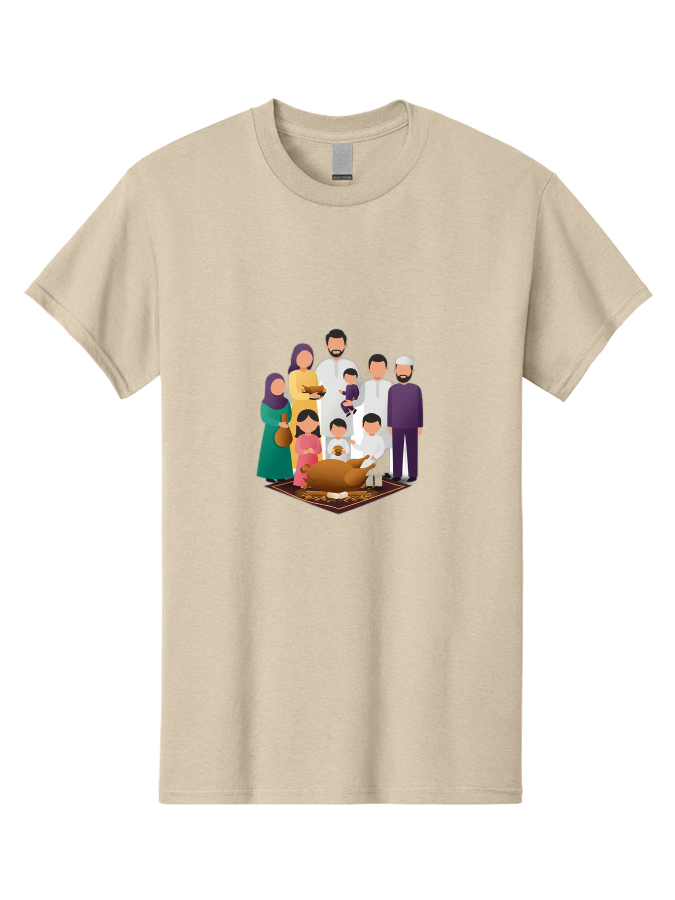 Family-Gathering-Around-Roasted-Lamb Men'S Graphic Tee, 100% Cotton, Comfortable Casual Summer Wear, Machine Washable, Family Gathering, Islamic Celebration, Eid Al-Adha, Traditional Clothing, Sacrificial Lamb, Joyful Moments, Family Bonding, Bad083