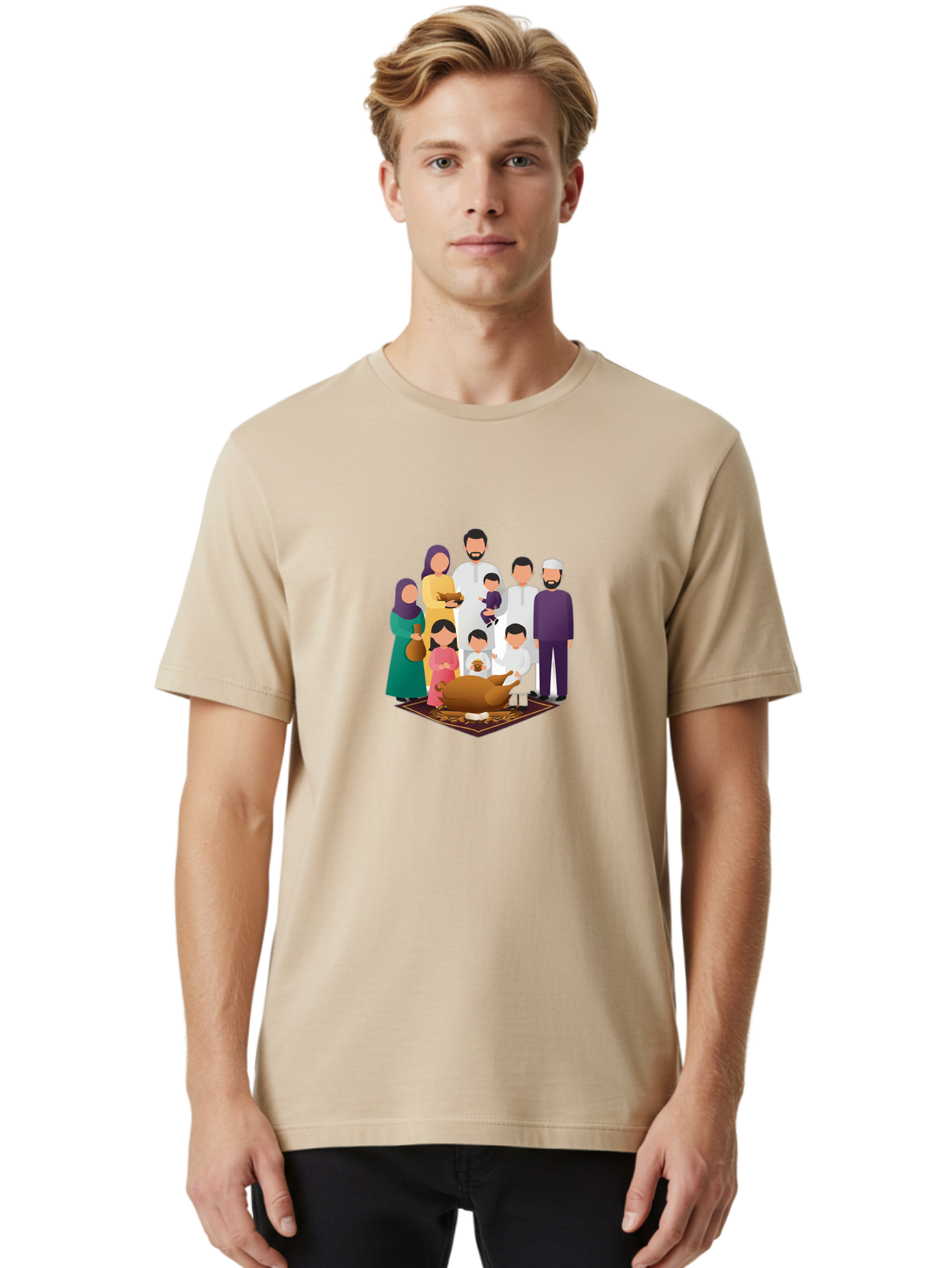Family-Gathering-Around-Roasted-Lamb Men'S Graphic Tee, 100% Cotton, Comfortable Casual Summer Wear, Machine Washable, Family Gathering, Islamic Celebration, Eid Al-Adha, Traditional Clothing, Sacrificial Lamb, Joyful Moments, Family Bonding, Bad083