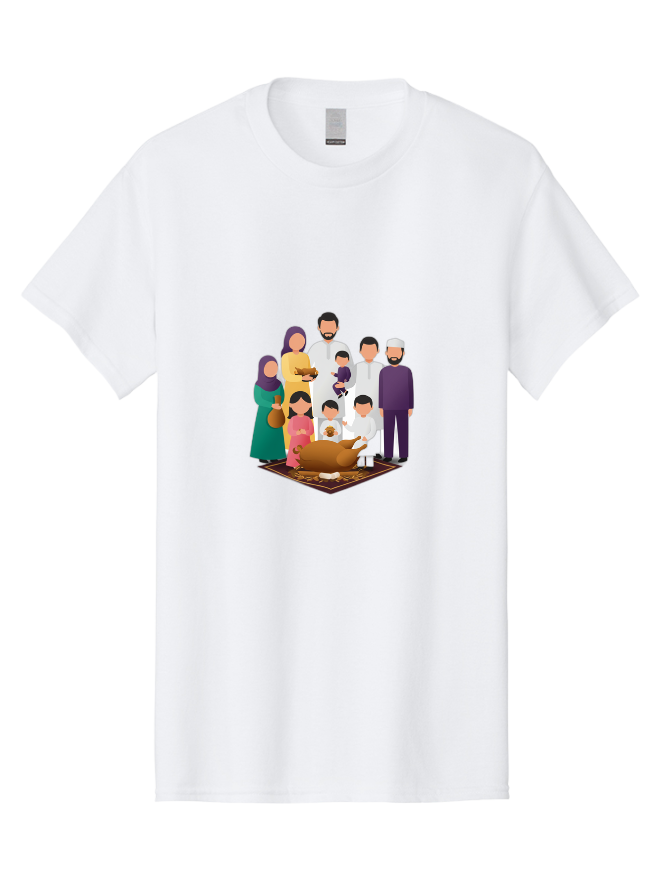 Family-Gathering-Around-Roasted-Lamb Men'S Graphic Tee, 100% Cotton, Comfortable Casual Summer Wear, Machine Washable, Family Gathering, Islamic Celebration, Eid Al-Adha, Traditional Clothing, Sacrificial Lamb, Joyful Moments, Family Bonding, Bad083
