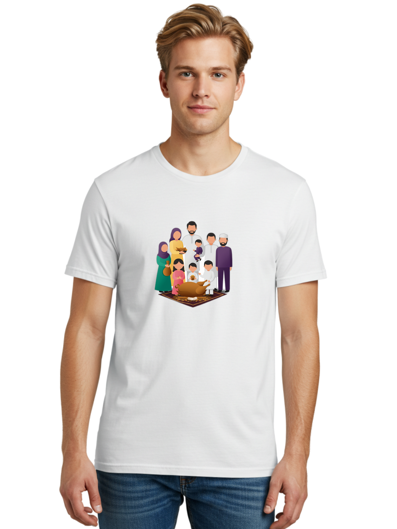 Family-Gathering-Around-Roasted-Lamb Men'S Graphic Tee, 100% Cotton, Comfortable Casual Summer Wear, Machine Washable, Family Gathering, Islamic Celebration, Eid Al-Adha, Traditional Clothing, Sacrificial Lamb, Joyful Moments, Family Bonding, Bad083