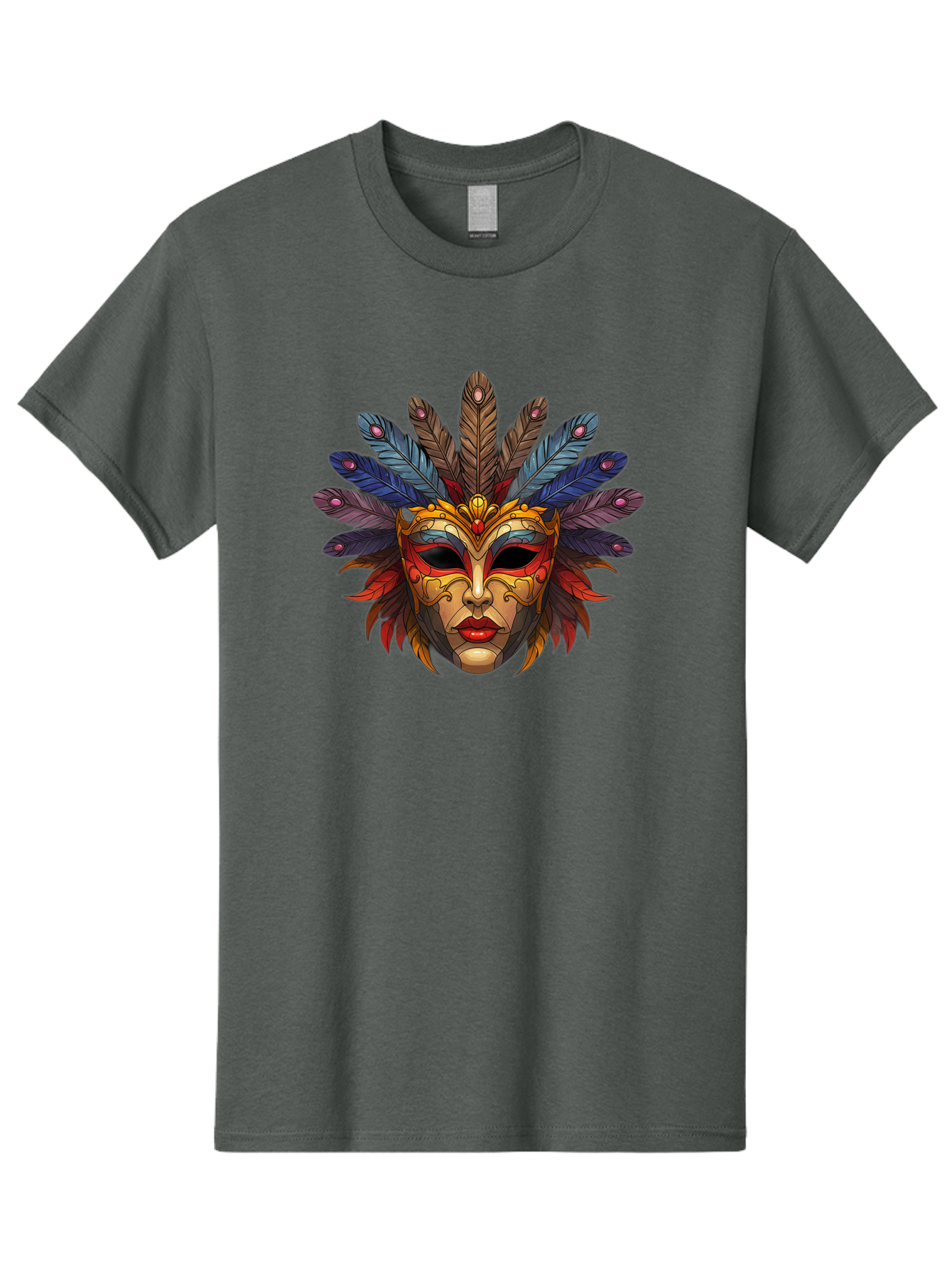 Feathered-Mask Men'S Graphic Tee, 100% Cotton, Comfortable Casual Summer Wear, Machine Washable, Tribal Mask, Feather Headdress, Colorful Design, Red Lips, Black Eyes, Bold Patterns, Vibrant Colors, Cultural Heritage, Traditional Art Bad084