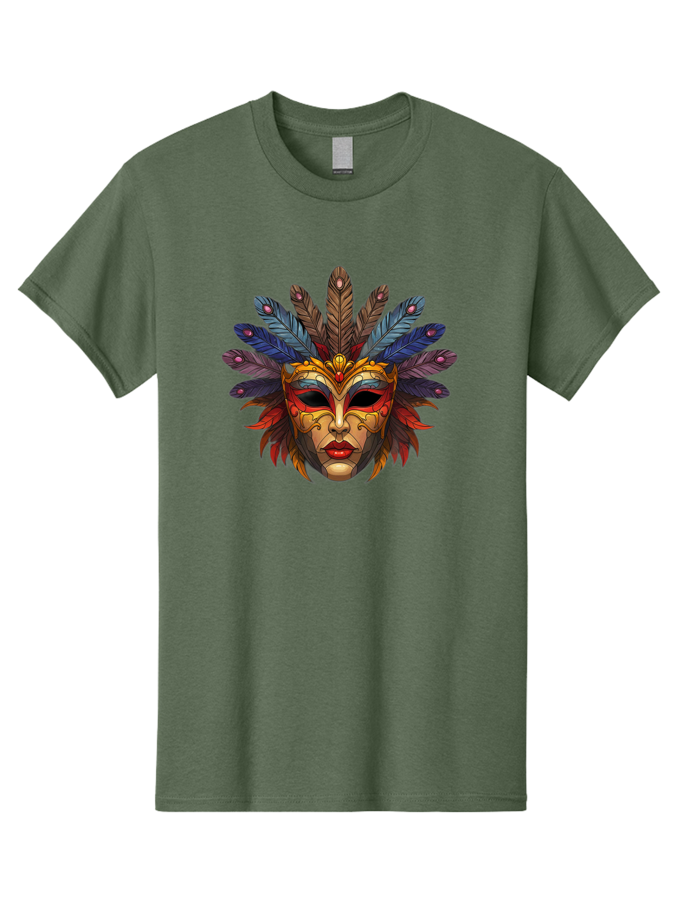 Feathered-Mask Men'S Graphic Tee, 100% Cotton, Comfortable Casual Summer Wear, Machine Washable, Tribal Mask, Feather Headdress, Colorful Design, Red Lips, Black Eyes, Bold Patterns, Vibrant Colors, Cultural Heritage, Traditional Art Bad084