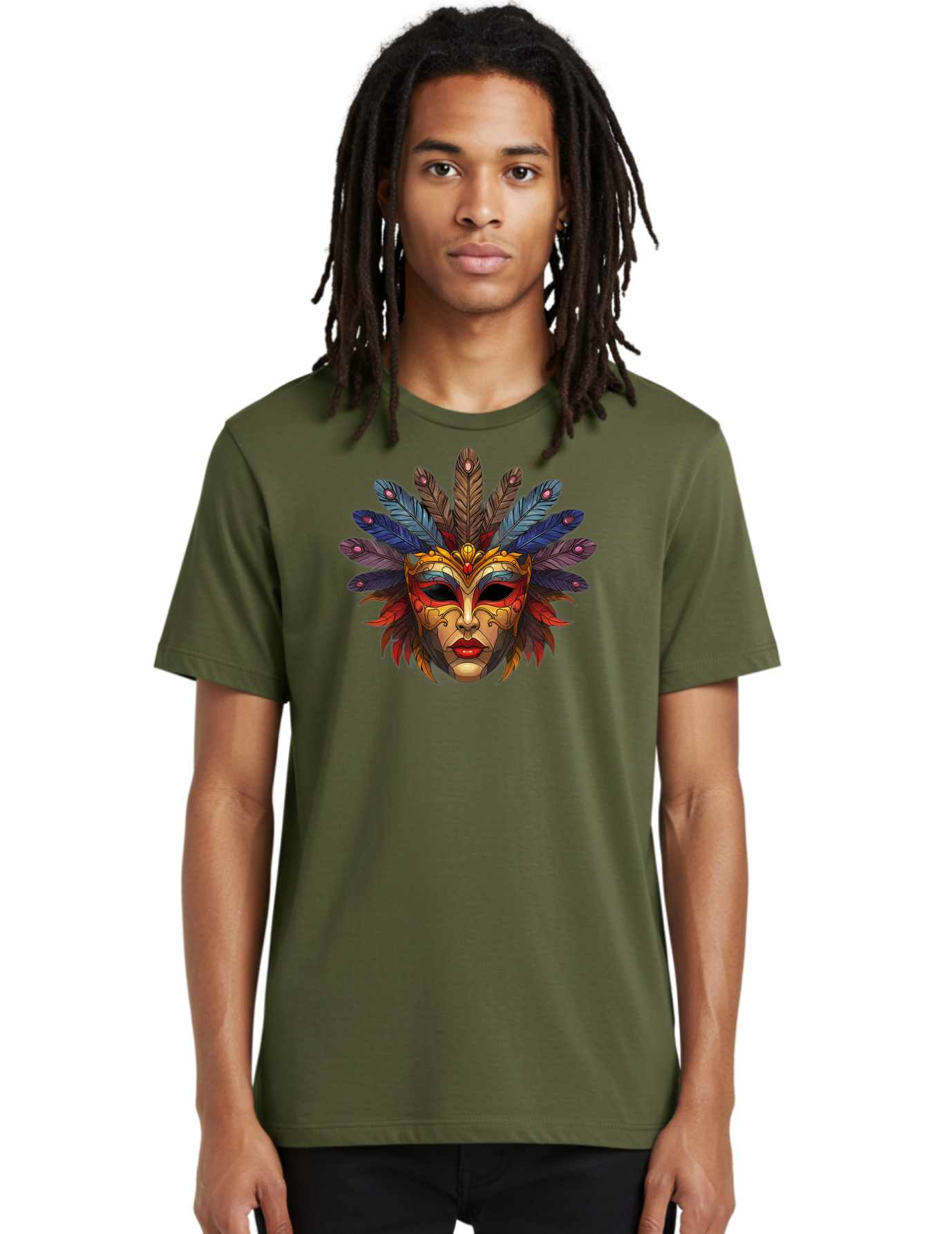 Feathered-Mask Men'S Graphic Tee, 100% Cotton, Comfortable Casual Summer Wear, Machine Washable, Tribal Mask, Feather Headdress, Colorful Design, Red Lips, Black Eyes, Bold Patterns, Vibrant Colors, Cultural Heritage, Traditional Art Bad084