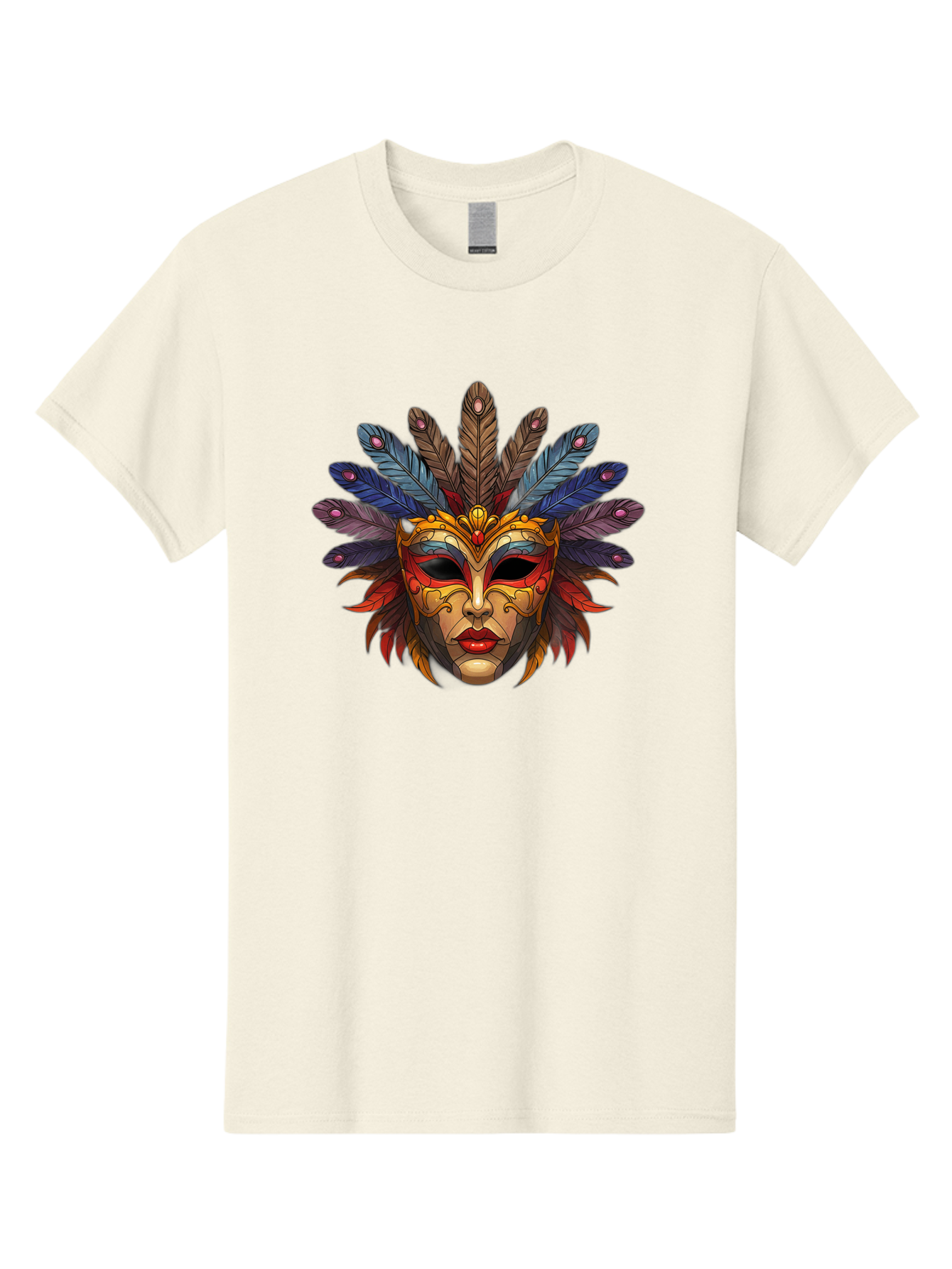 Feathered-Mask Men'S Graphic Tee, 100% Cotton, Comfortable Casual Summer Wear, Machine Washable, Tribal Mask, Feather Headdress, Colorful Design, Red Lips, Black Eyes, Bold Patterns, Vibrant Colors, Cultural Heritage, Traditional Art Bad084