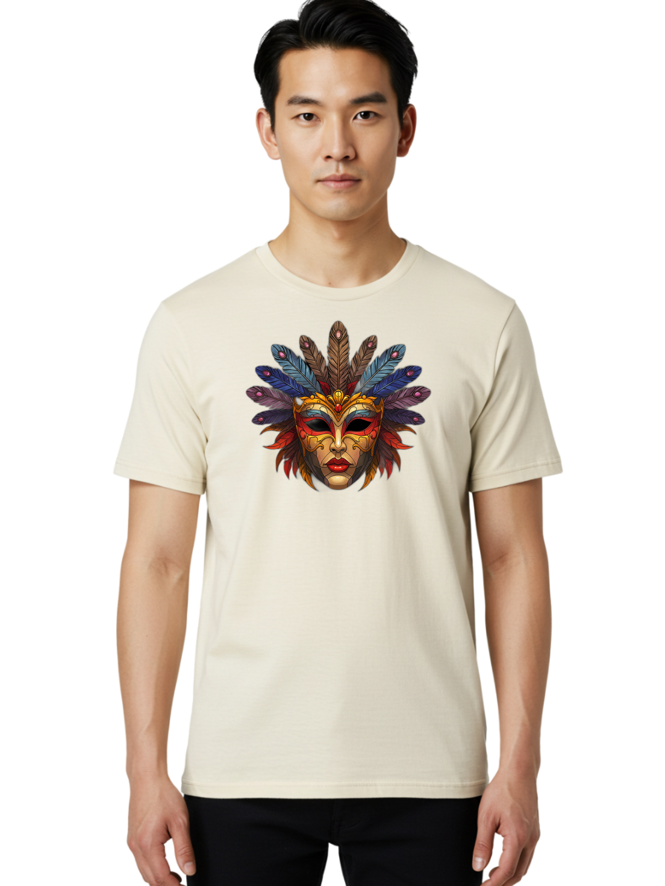 Feathered-Mask Men'S Graphic Tee, 100% Cotton, Comfortable Casual Summer Wear, Machine Washable, Tribal Mask, Feather Headdress, Colorful Design, Red Lips, Black Eyes, Bold Patterns, Vibrant Colors, Cultural Heritage, Traditional Art Bad084