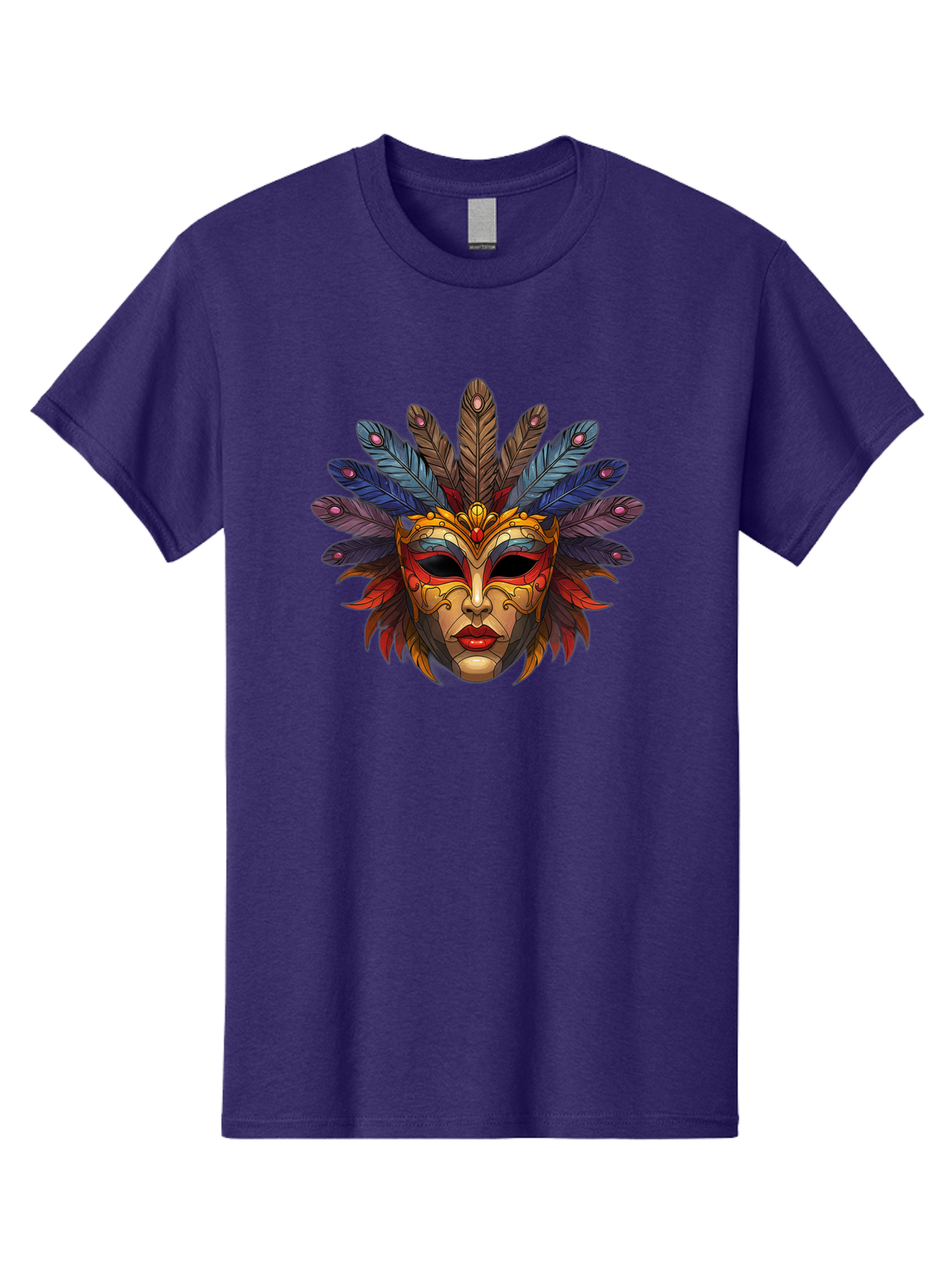 Feathered-Mask Men'S Graphic Tee, 100% Cotton, Comfortable Casual Summer Wear, Machine Washable, Tribal Mask, Feather Headdress, Colorful Design, Red Lips, Black Eyes, Bold Patterns, Vibrant Colors, Cultural Heritage, Traditional Art Bad084