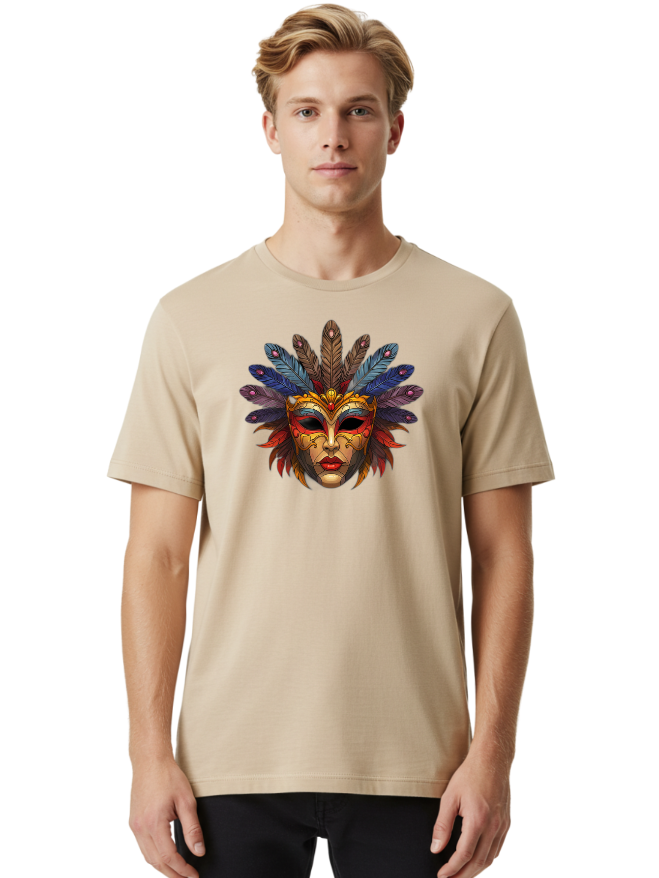 Feathered-Mask Men'S Graphic Tee, 100% Cotton, Comfortable Casual Summer Wear, Machine Washable, Tribal Mask, Feather Headdress, Colorful Design, Red Lips, Black Eyes, Bold Patterns, Vibrant Colors, Cultural Heritage, Traditional Art Bad084
