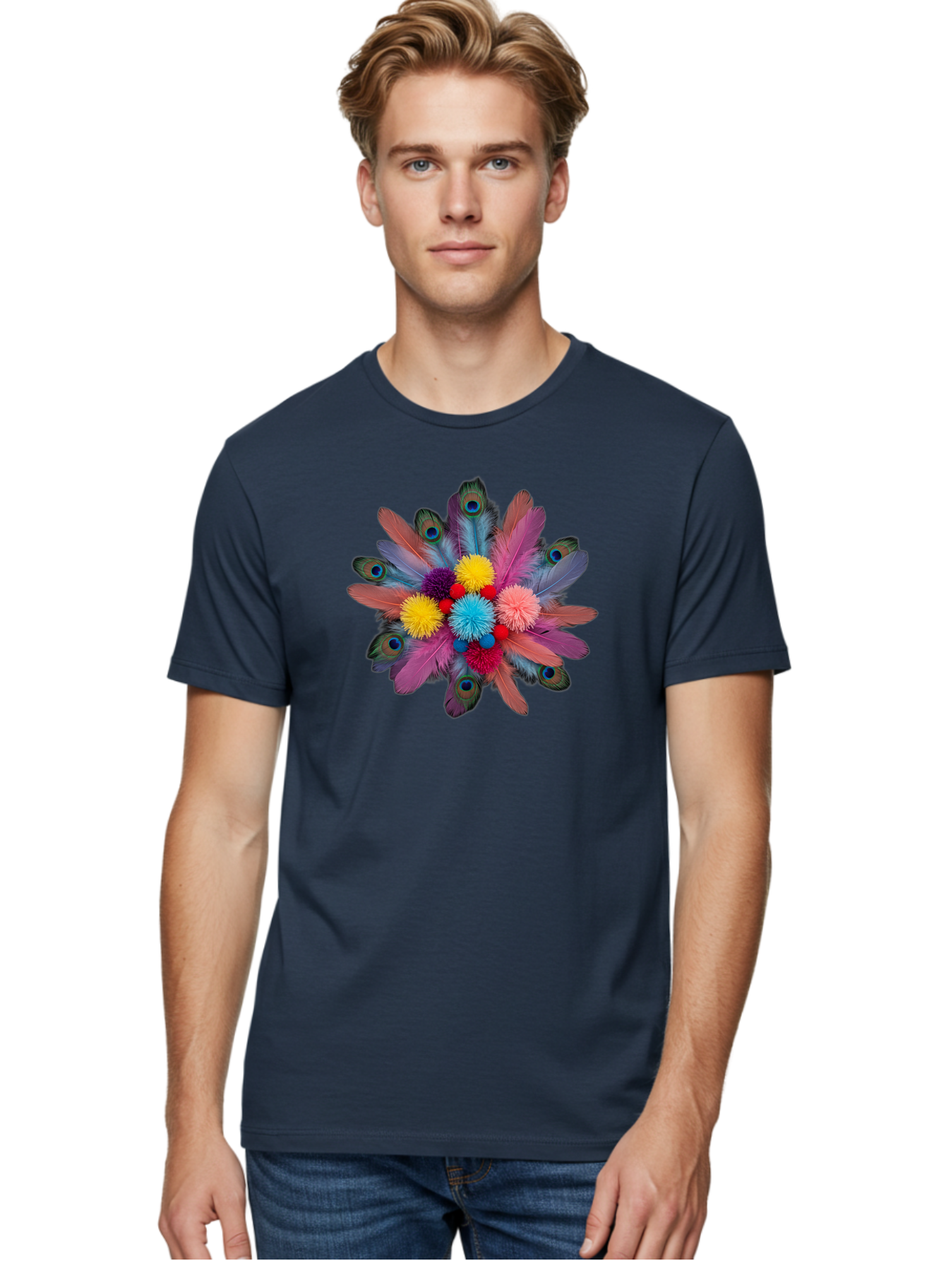 Feathers-And-Pom-Poms Men'S Graphic Tee, 100% Cotton, Comfortable Casual Summer Wear, Machine Washable, Peacock Feathers, Colorful Feathers, Decorative Arrangement, Fluffy Pompoms, Vibrant Colors, Creative Decor, Festive Atmosphere, Bad085
