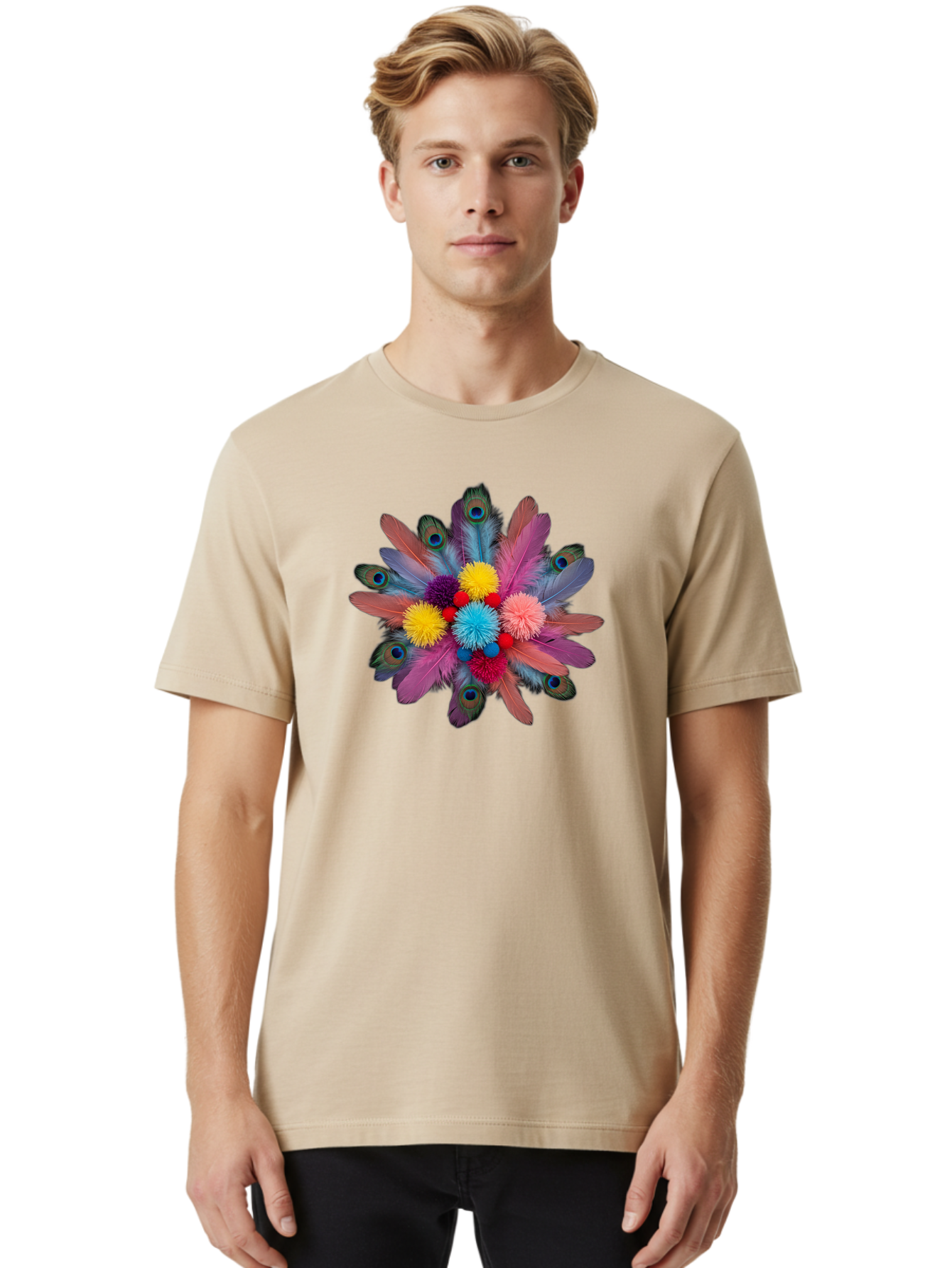 Feathers-And-Pom-Poms Men'S Graphic Tee, 100% Cotton, Comfortable Casual Summer Wear, Machine Washable, Peacock Feathers, Colorful Feathers, Decorative Arrangement, Fluffy Pompoms, Vibrant Colors, Creative Decor, Festive Atmosphere, Bad085
