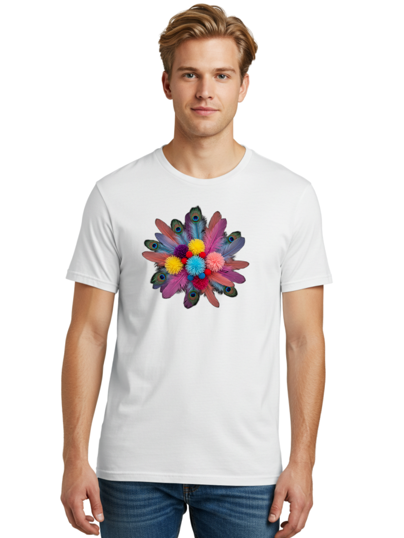 Feathers-And-Pom-Poms Men'S Graphic Tee, 100% Cotton, Comfortable Casual Summer Wear, Machine Washable, Peacock Feathers, Colorful Feathers, Decorative Arrangement, Fluffy Pompoms, Vibrant Colors, Creative Decor, Festive Atmosphere, Bad085