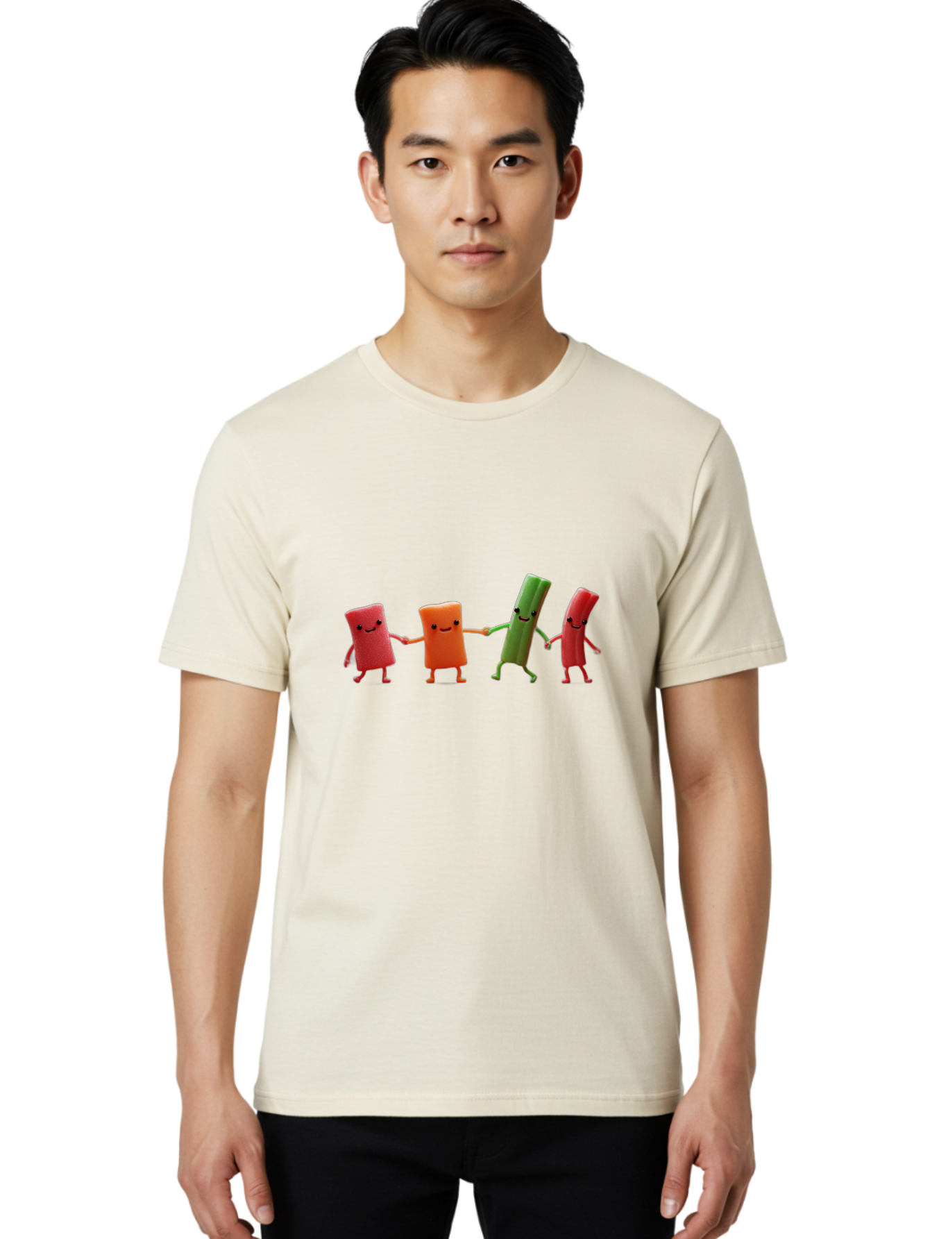 Felt-Characters-Holding-Hands Men'S Graphic Tee, 100% Cotton, Comfortable Casual Summer Wear, Machine Washable, Anthropomorphic Vegetables, Happy Faces, Holding Hands, Anthropomorphic Characters, Vegetables With Arms And Legs, Bad086