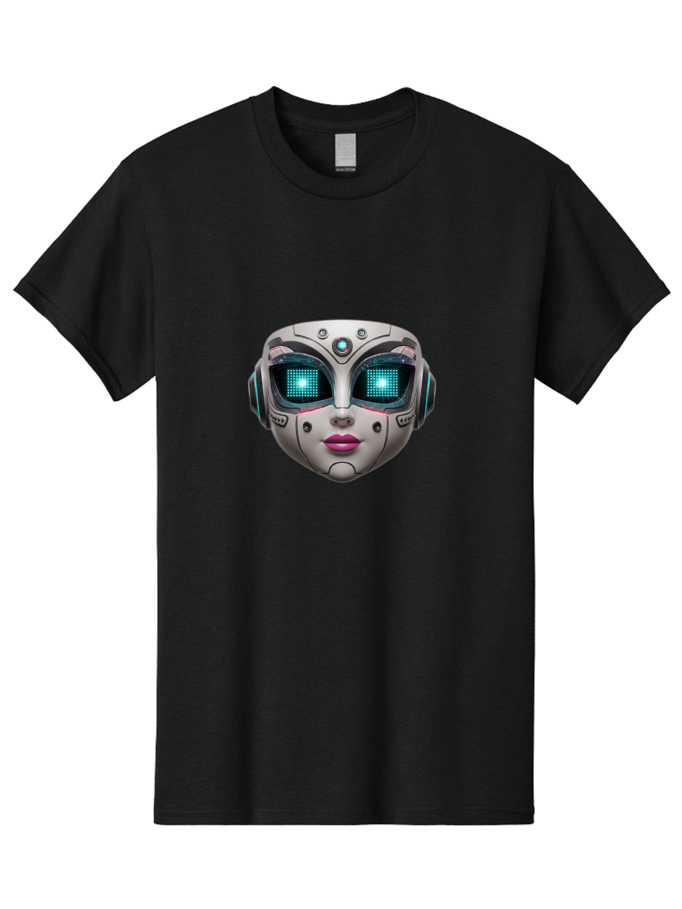 Female-Robot-Head Men'S Graphic Tee, 100% Cotton, Comfortable Casual Summer Wear, Machine Washable, Robotic Face, Futuristic Design, Glowing Blue Eyes, Metallic Sheen, Tech-Savvy, Artificial Intelligence, Cybernetic Enhancements, Bad087