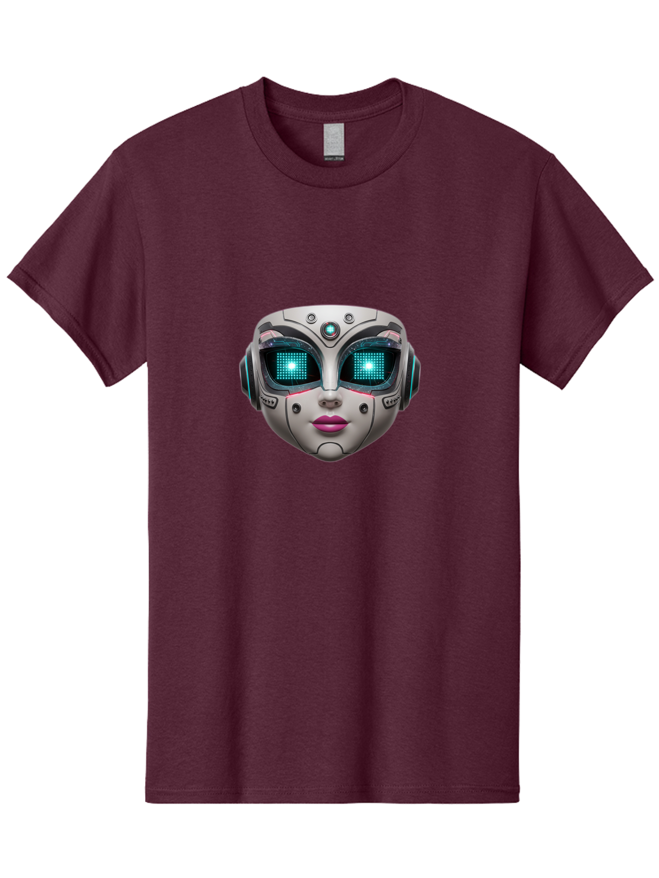 Female-Robot-Head Men'S Graphic Tee, 100% Cotton, Comfortable Casual Summer Wear, Machine Washable, Robotic Face, Futuristic Design, Glowing Blue Eyes, Metallic Sheen, Tech-Savvy, Artificial Intelligence, Cybernetic Enhancements, Bad087