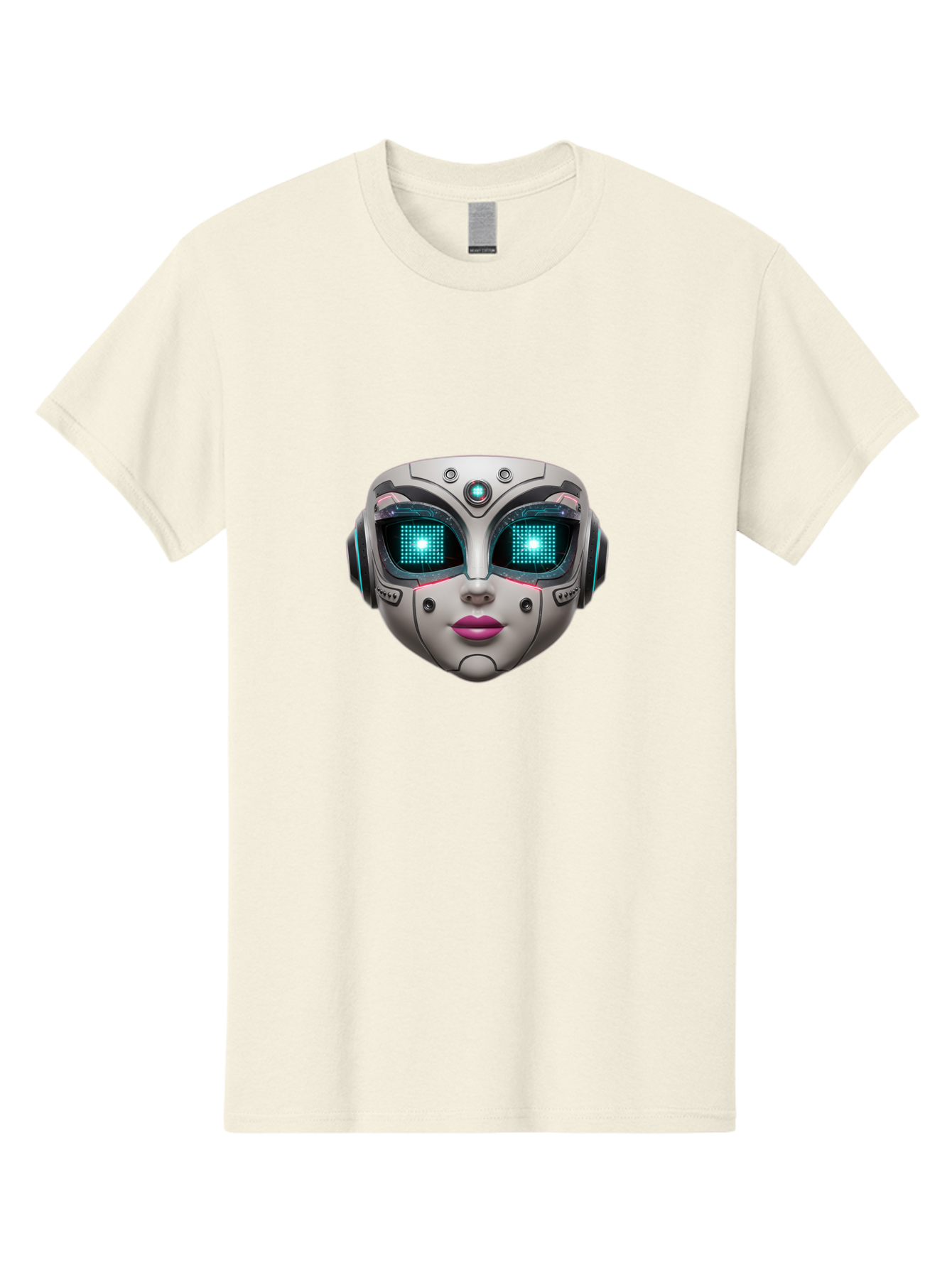 Female-Robot-Head Men'S Graphic Tee, 100% Cotton, Comfortable Casual Summer Wear, Machine Washable, Robotic Face, Futuristic Design, Glowing Blue Eyes, Metallic Sheen, Tech-Savvy, Artificial Intelligence, Cybernetic Enhancements, Bad087