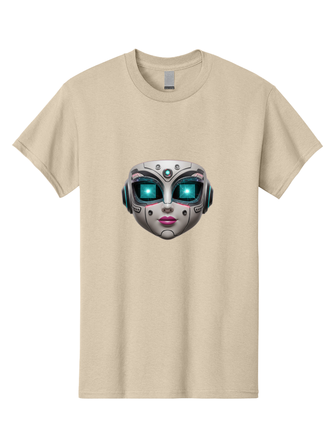 Female-Robot-Head Men'S Graphic Tee, 100% Cotton, Comfortable Casual Summer Wear, Machine Washable, Robotic Face, Futuristic Design, Glowing Blue Eyes, Metallic Sheen, Tech-Savvy, Artificial Intelligence, Cybernetic Enhancements, Bad087