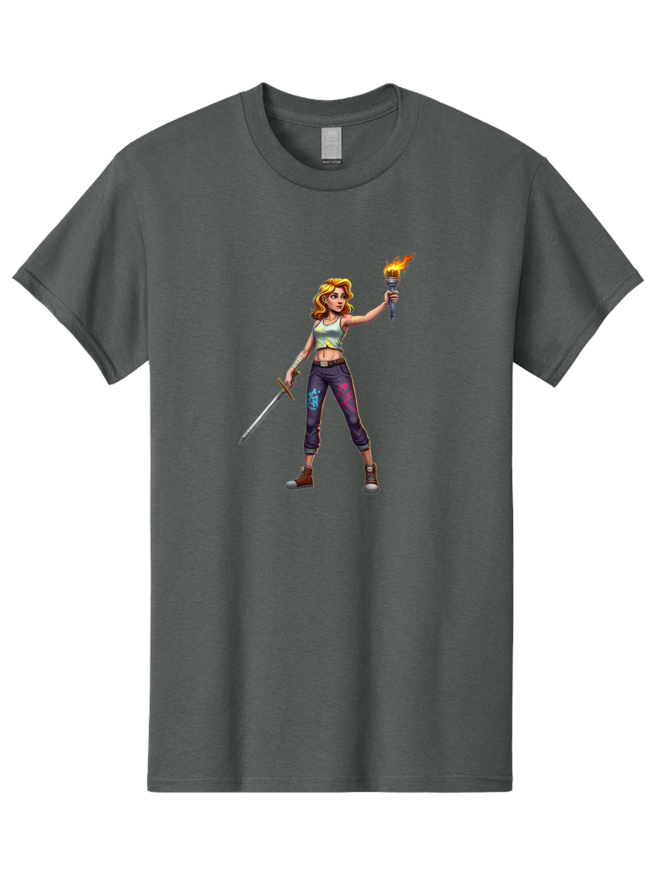 Female-Warrior Men'S Graphic Tee, 100% Cotton, Comfortable Casual Summer Wear, Machine Washable, Female Warrior, Sword And Torch, Strong Woman, Fierce Fighter, Blonde Hair, White Tank Top, Graffiti Pants, Combat Boots, Powerful Pose, Bad088