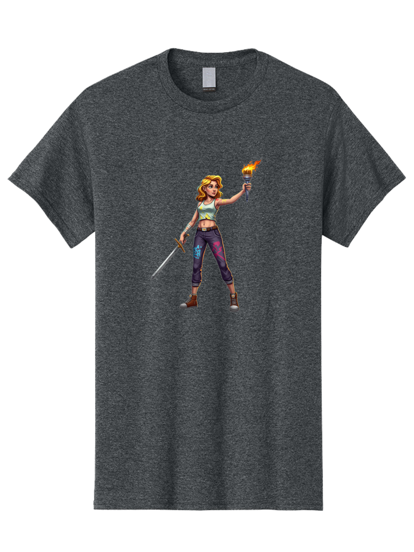 Female-Warrior Men'S Graphic Tee, 100% Cotton, Comfortable Casual Summer Wear, Machine Washable, Female Warrior, Sword And Torch, Strong Woman, Fierce Fighter, Blonde Hair, White Tank Top, Graffiti Pants, Combat Boots, Powerful Pose, Bad088