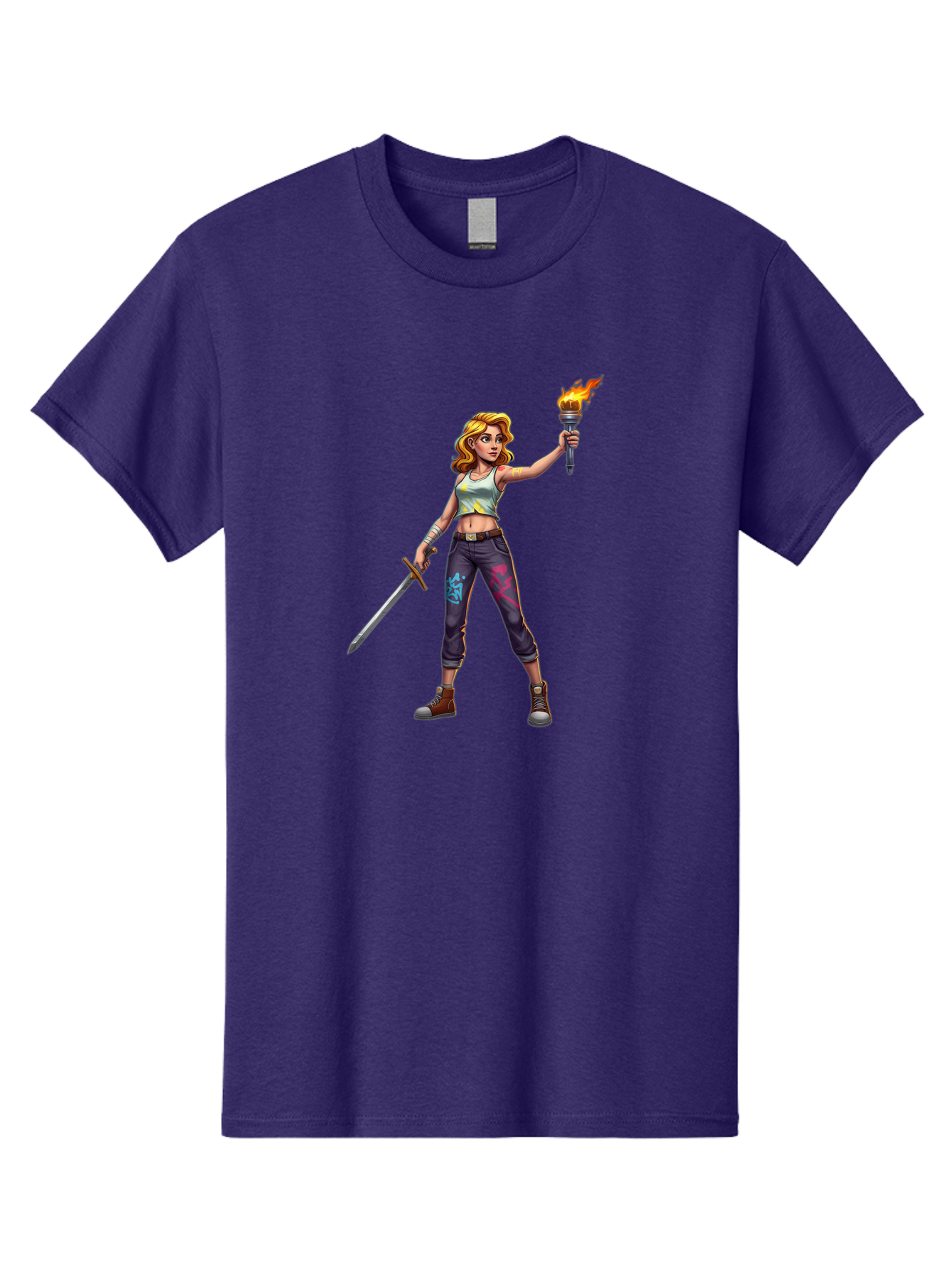 Female-Warrior Men'S Graphic Tee, 100% Cotton, Comfortable Casual Summer Wear, Machine Washable, Female Warrior, Sword And Torch, Strong Woman, Fierce Fighter, Blonde Hair, White Tank Top, Graffiti Pants, Combat Boots, Powerful Pose, Bad088