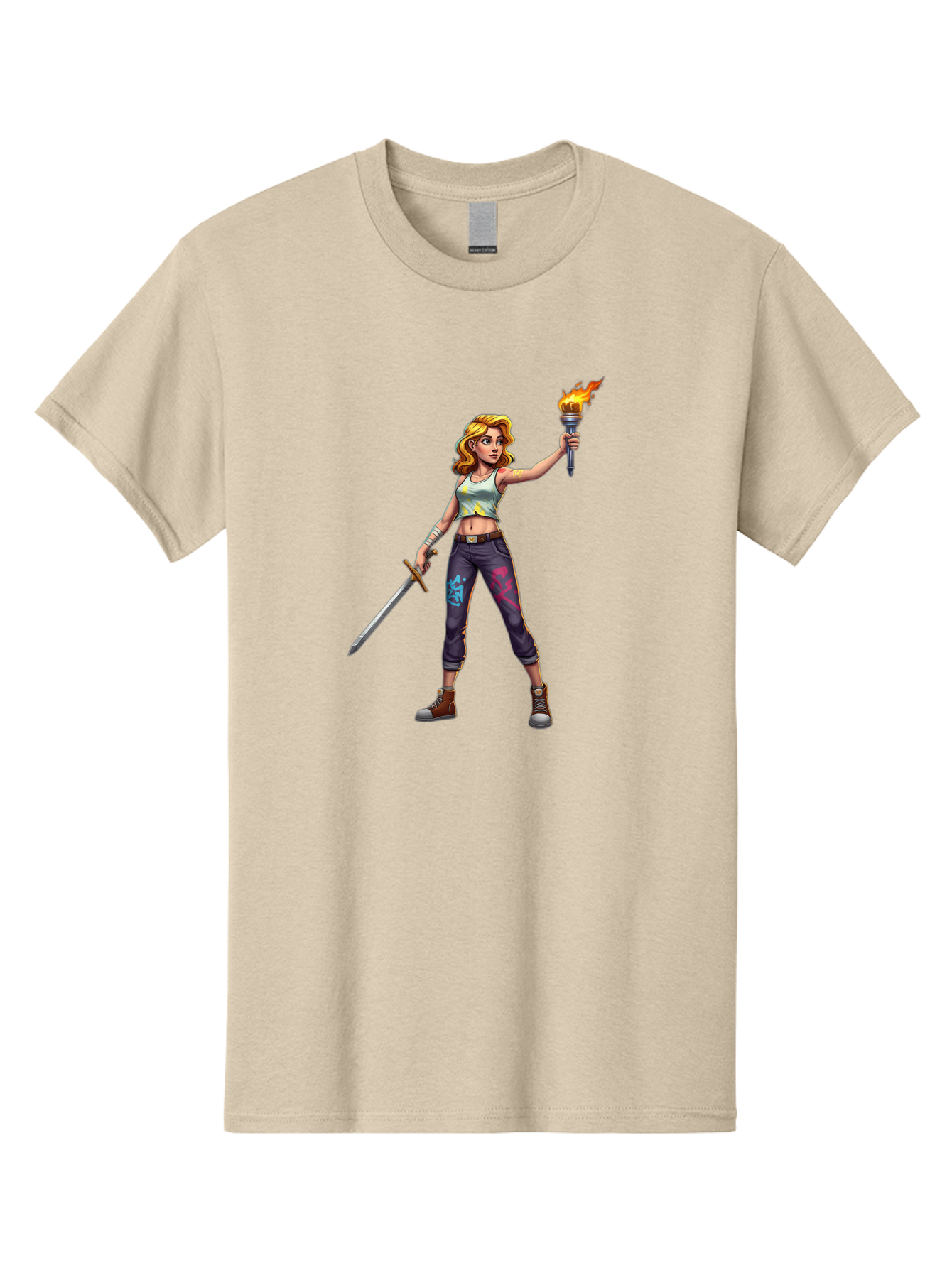Female-Warrior Men'S Graphic Tee, 100% Cotton, Comfortable Casual Summer Wear, Machine Washable, Female Warrior, Sword And Torch, Strong Woman, Fierce Fighter, Blonde Hair, White Tank Top, Graffiti Pants, Combat Boots, Powerful Pose, Bad088
