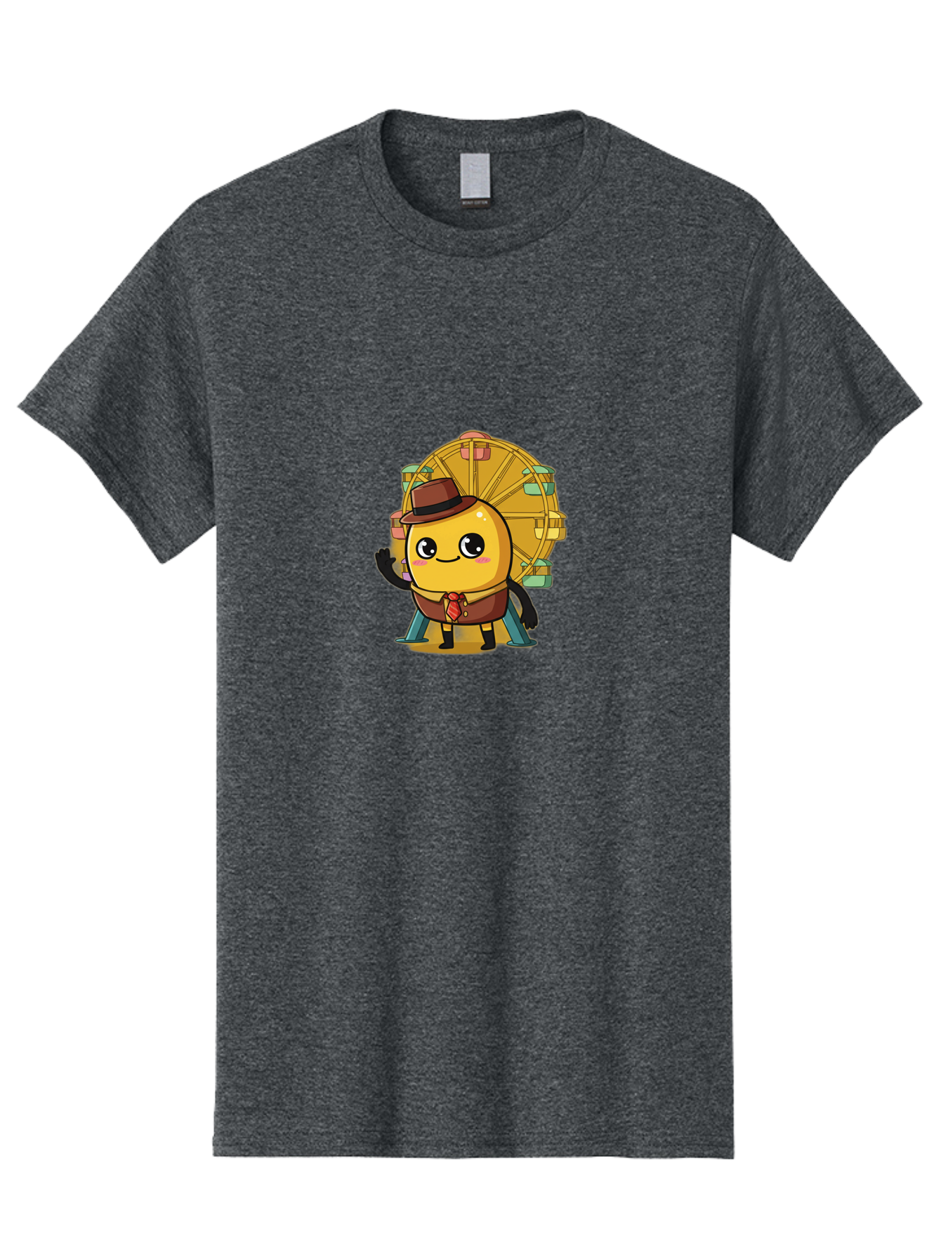 Ferris-Wheel-Potato Men'S Graphic Tee, 100% Cotton, Comfortable Casual Summer Wear, Machine Washable, Cartoon Emoji, Smiling Face, Waving Hand, Ferris Wheel, Carnival Theme, Amusement Park, Playful Character, Happy Expression, Bad089