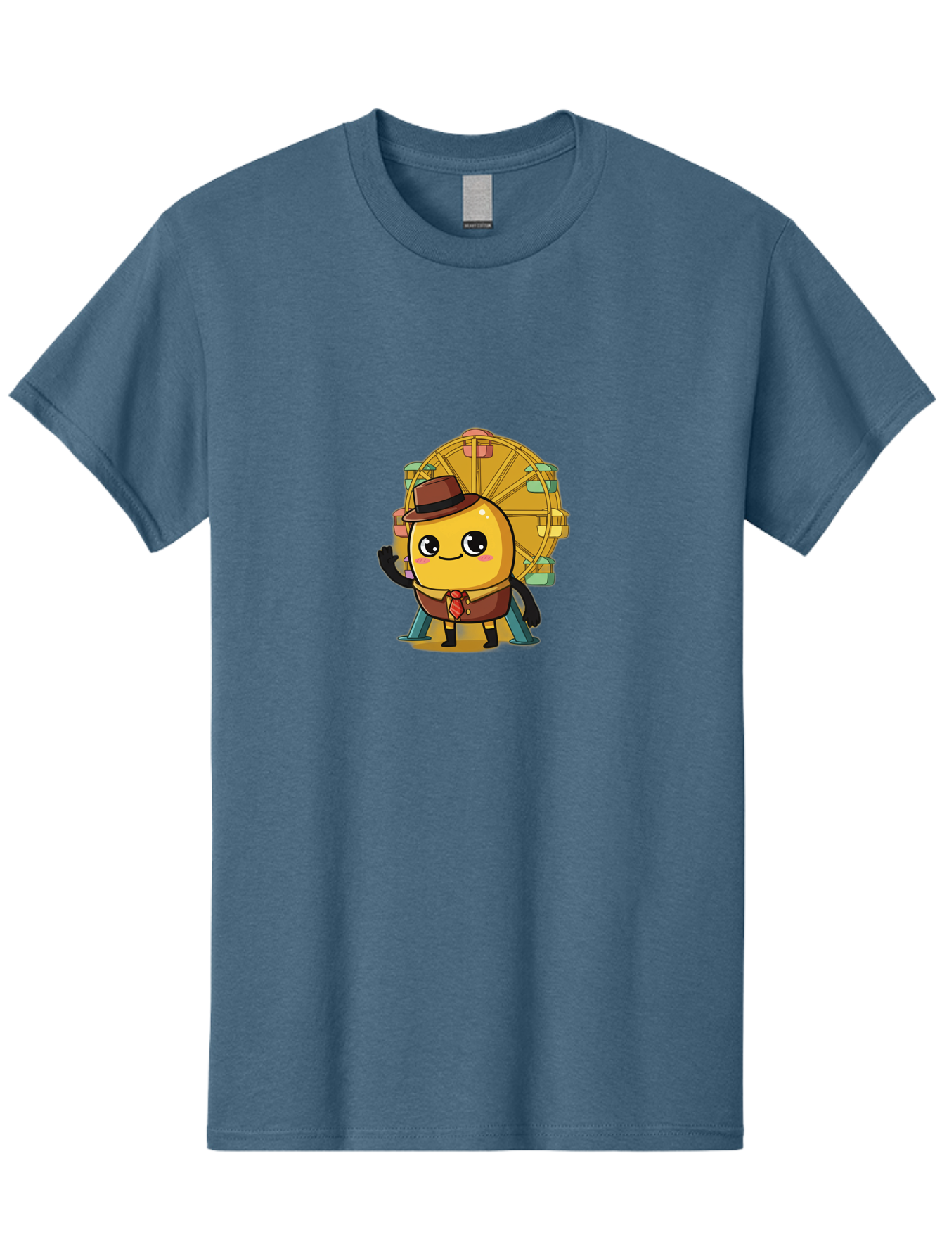 Ferris-Wheel-Potato Men'S Graphic Tee, 100% Cotton, Comfortable Casual Summer Wear, Machine Washable, Cartoon Emoji, Smiling Face, Waving Hand, Ferris Wheel, Carnival Theme, Amusement Park, Playful Character, Happy Expression, Bad089