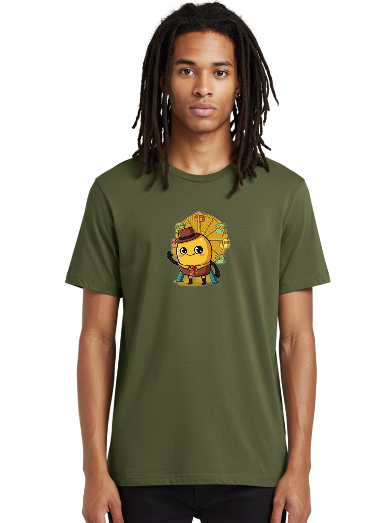 Ferris-Wheel-Potato Men'S Graphic Tee, 100% Cotton, Comfortable Casual Summer Wear, Machine Washable, Cartoon Emoji, Smiling Face, Waving Hand, Ferris Wheel, Carnival Theme, Amusement Park, Playful Character, Happy Expression, Bad089