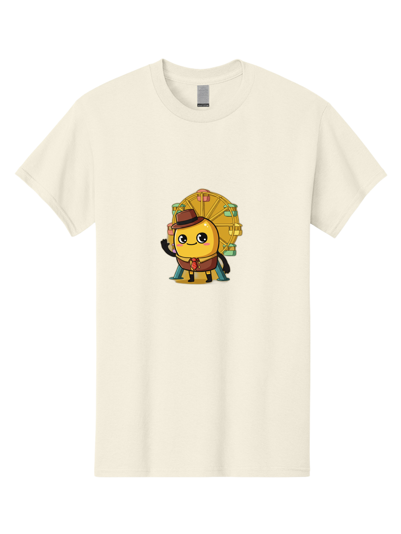 Ferris-Wheel-Potato Men'S Graphic Tee, 100% Cotton, Comfortable Casual Summer Wear, Machine Washable, Cartoon Emoji, Smiling Face, Waving Hand, Ferris Wheel, Carnival Theme, Amusement Park, Playful Character, Happy Expression, Bad089