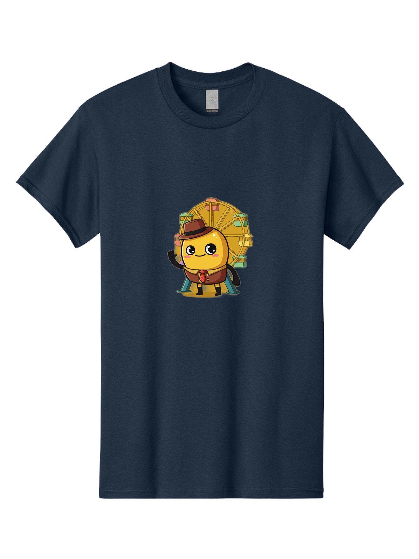 Ferris-Wheel-Potato Men'S Graphic Tee, 100% Cotton, Comfortable Casual Summer Wear, Machine Washable, Cartoon Emoji, Smiling Face, Waving Hand, Ferris Wheel, Carnival Theme, Amusement Park, Playful Character, Happy Expression, Bad089