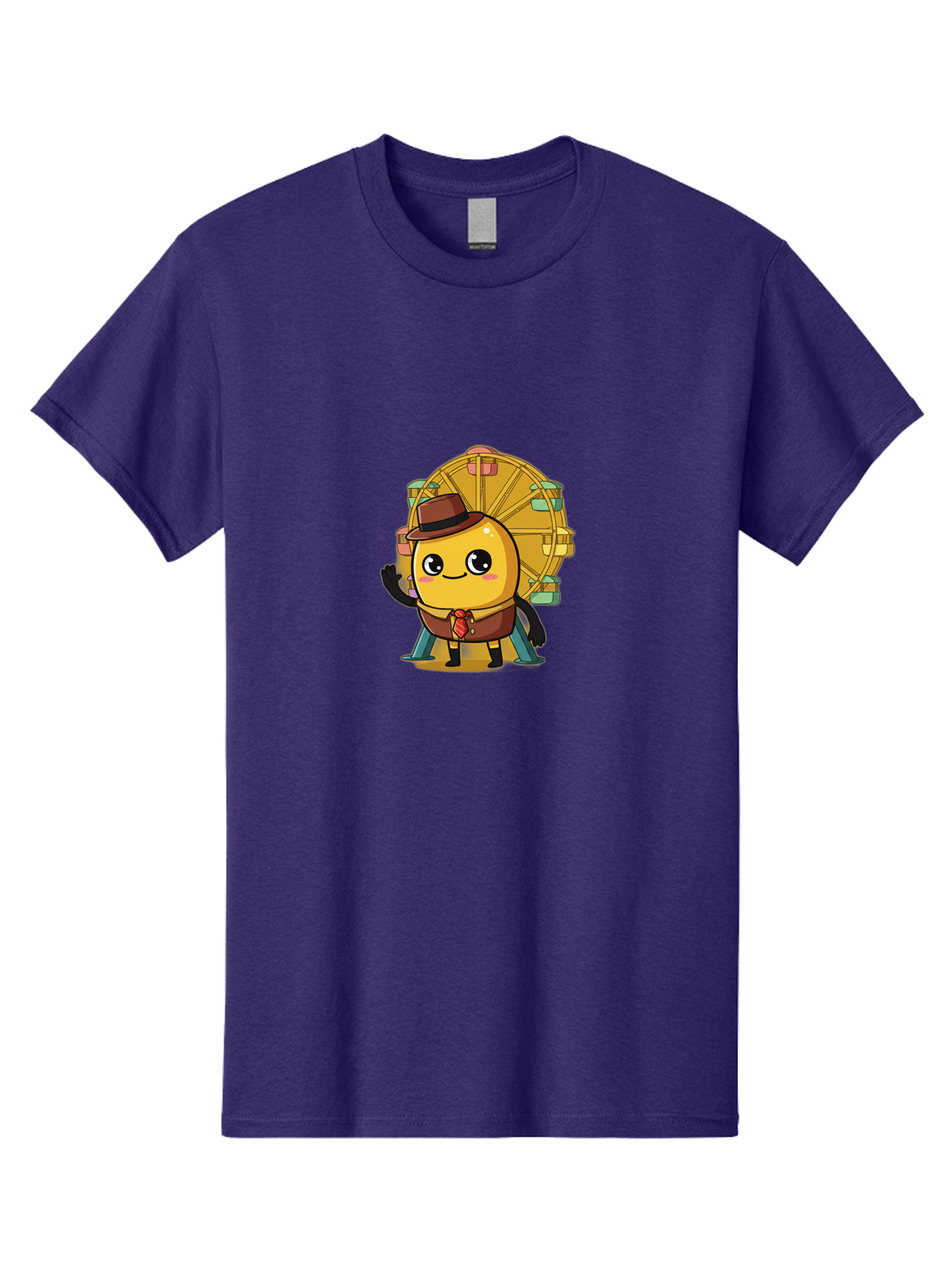 Ferris-Wheel-Potato Men'S Graphic Tee, 100% Cotton, Comfortable Casual Summer Wear, Machine Washable, Cartoon Emoji, Smiling Face, Waving Hand, Ferris Wheel, Carnival Theme, Amusement Park, Playful Character, Happy Expression, Bad089