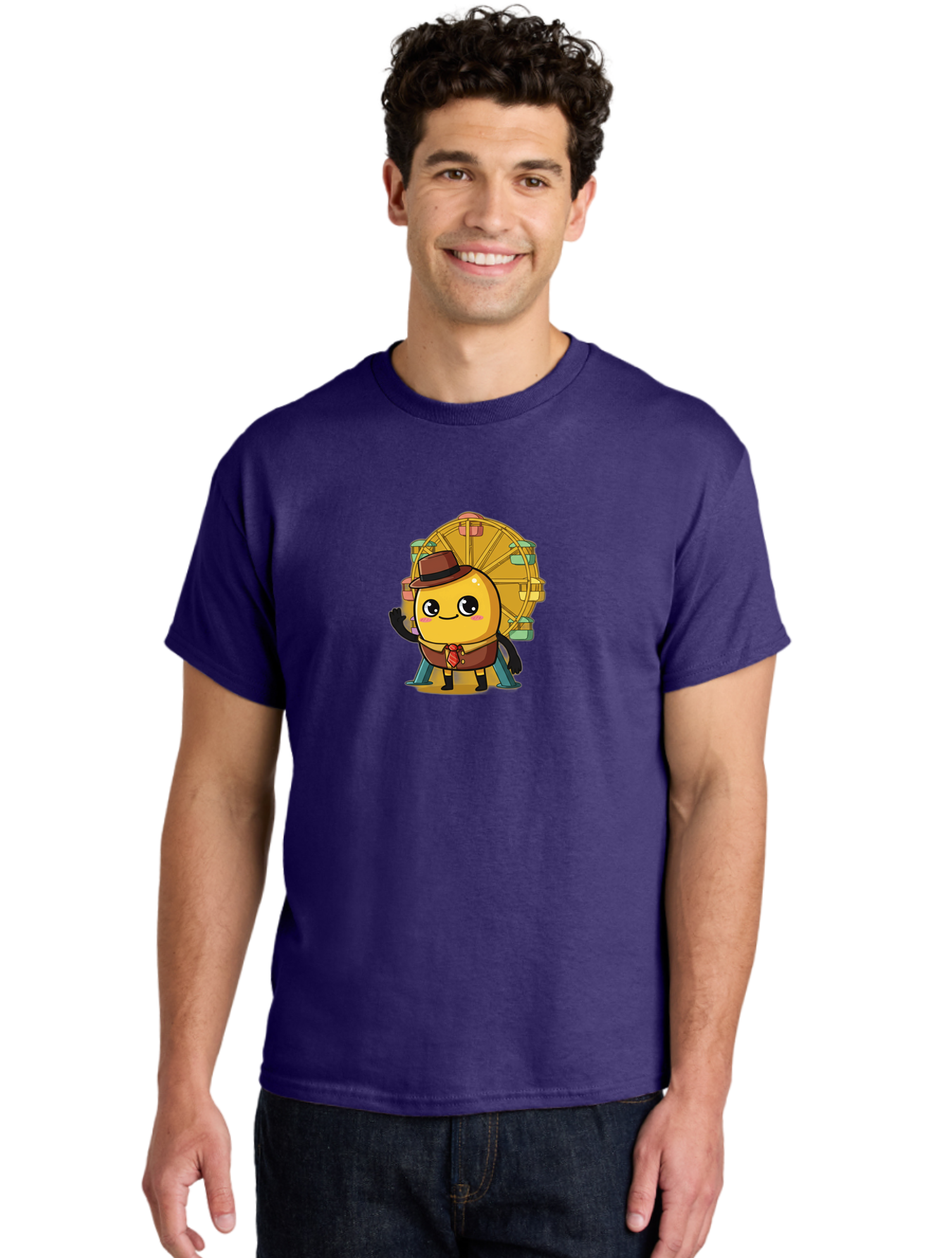 Ferris-Wheel-Potato Men'S Graphic Tee, 100% Cotton, Comfortable Casual Summer Wear, Machine Washable, Cartoon Emoji, Smiling Face, Waving Hand, Ferris Wheel, Carnival Theme, Amusement Park, Playful Character, Happy Expression, Bad089