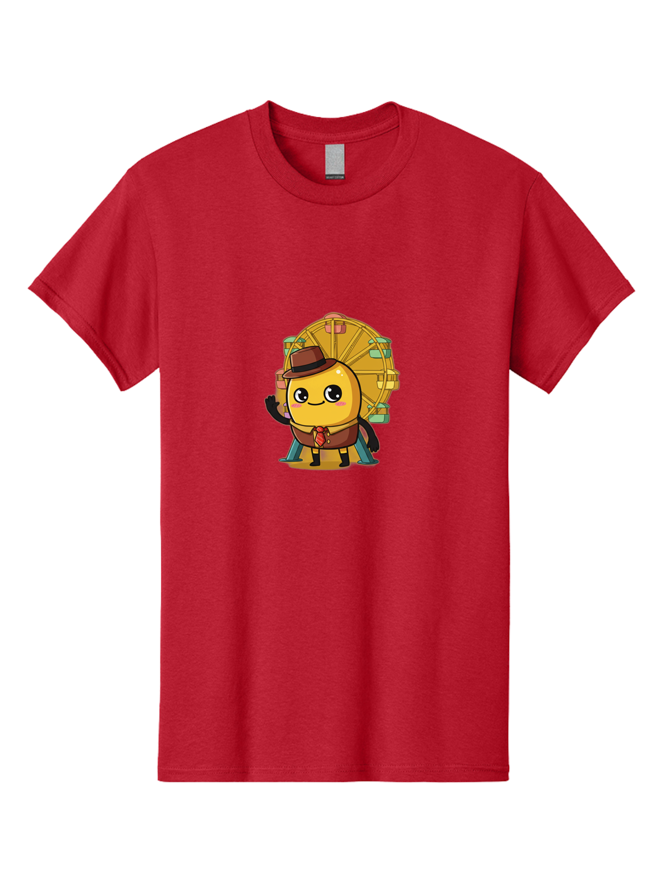 Ferris-Wheel-Potato Men'S Graphic Tee, 100% Cotton, Comfortable Casual Summer Wear, Machine Washable, Cartoon Emoji, Smiling Face, Waving Hand, Ferris Wheel, Carnival Theme, Amusement Park, Playful Character, Happy Expression, Bad089