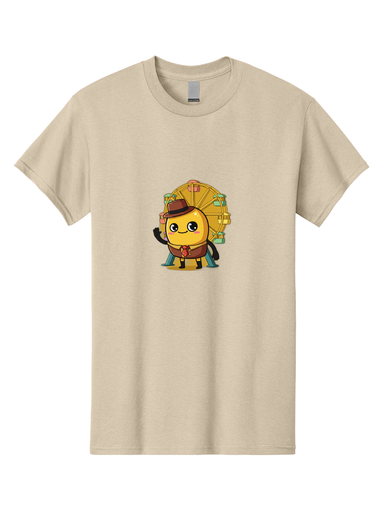 Ferris-Wheel-Potato Men'S Graphic Tee, 100% Cotton, Comfortable Casual Summer Wear, Machine Washable, Cartoon Emoji, Smiling Face, Waving Hand, Ferris Wheel, Carnival Theme, Amusement Park, Playful Character, Happy Expression, Bad089