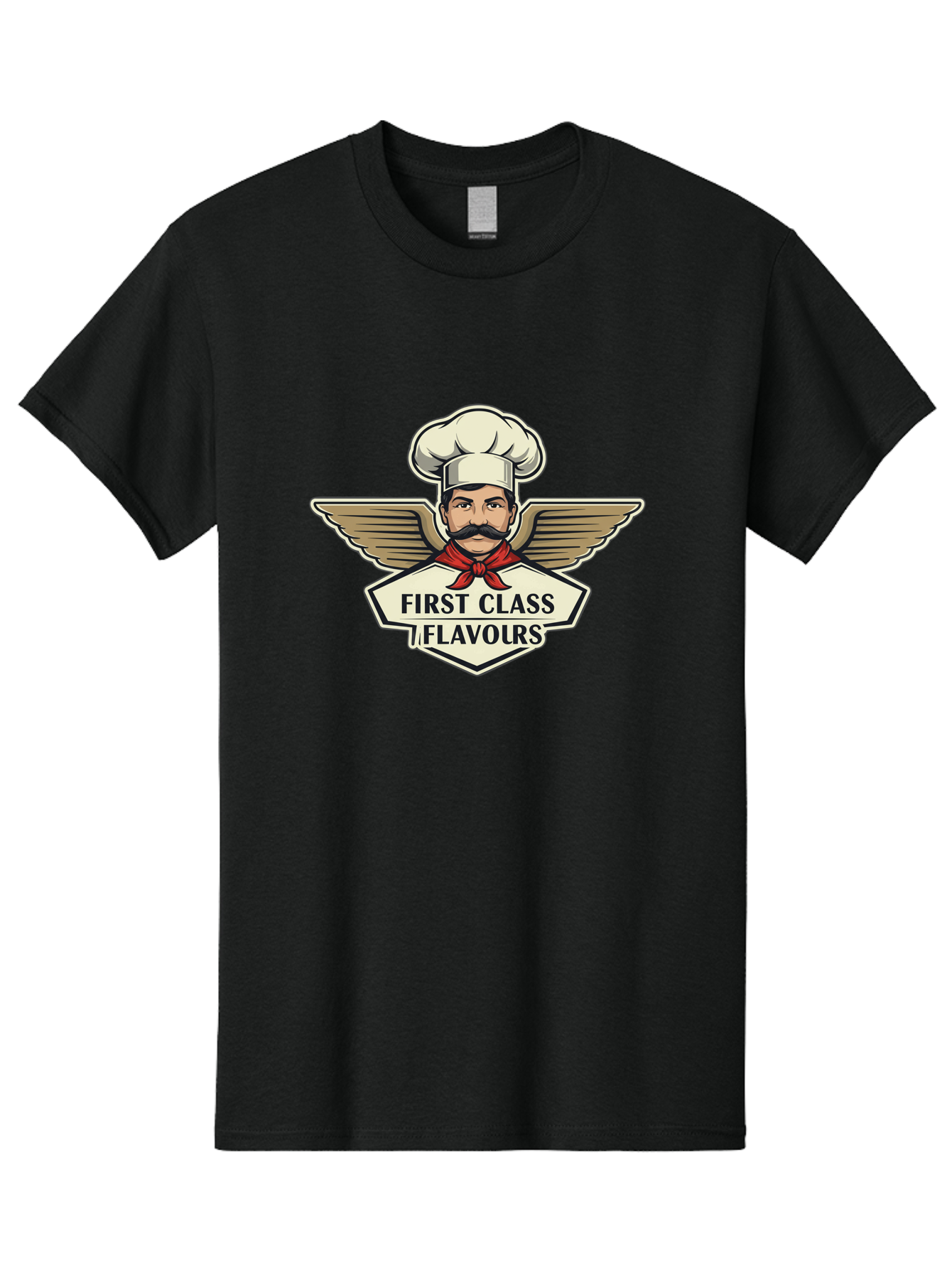 First-Class-Flavours Men'S Graphic Tee, 100% Cotton, Comfortable Casual Summer Wear, Machine Washable, Chef With Wings, Gourmet Cuisine, Fine Dining, Chef'S Hat, Red Neckerchief, Mustache, Luxurious Food, High-End Flavors, Culinary Excellence Bad095