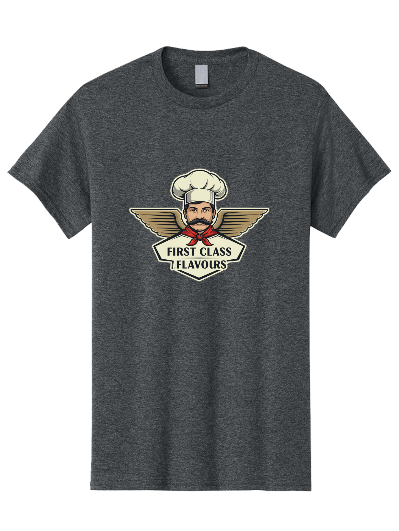 First-Class-Flavours Men'S Graphic Tee, 100% Cotton, Comfortable Casual Summer Wear, Machine Washable, Chef With Wings, Gourmet Cuisine, Fine Dining, Chef'S Hat, Red Neckerchief, Mustache, Luxurious Food, High-End Flavors, Culinary Excellence Bad095