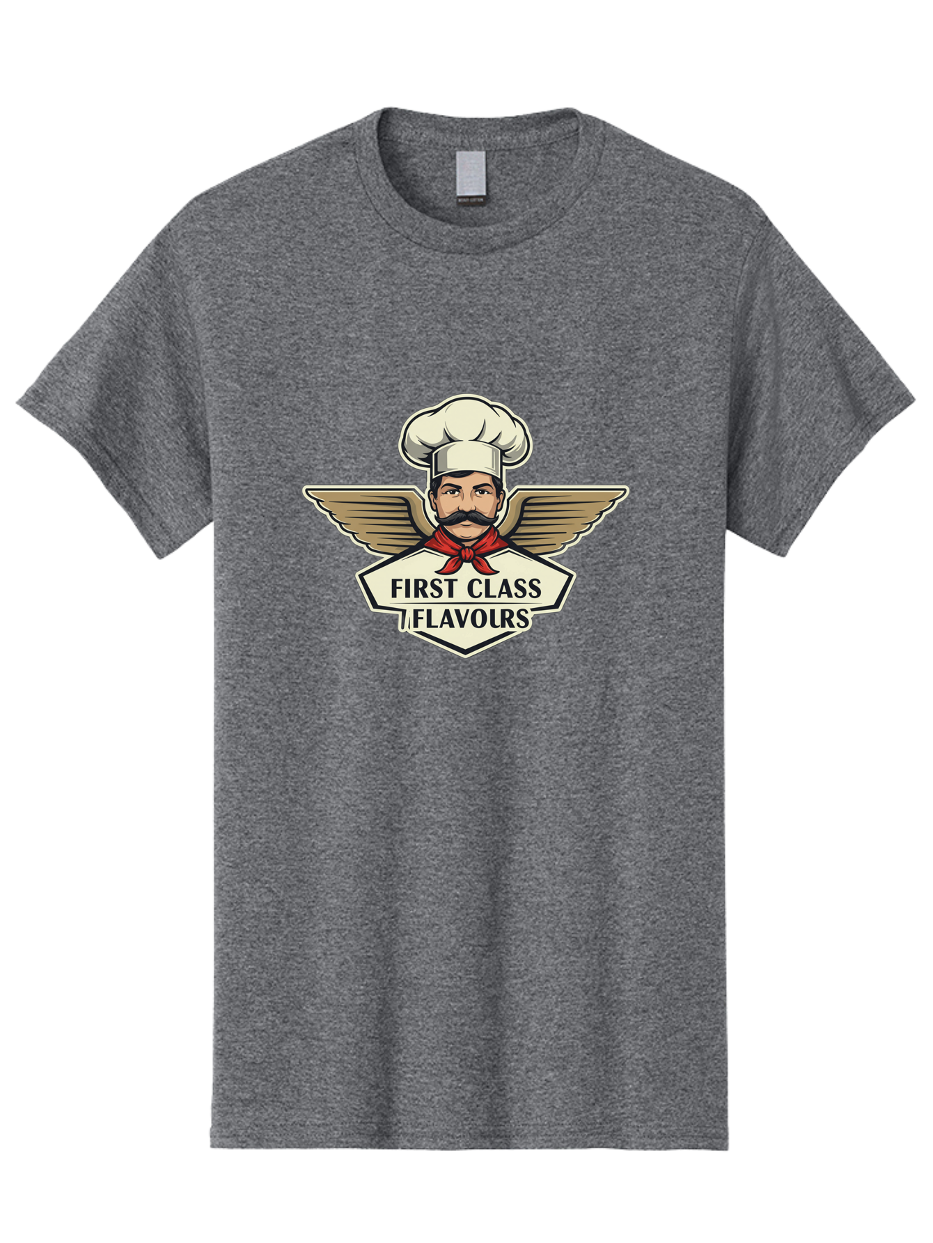 First-Class-Flavours Men'S Graphic Tee, 100% Cotton, Comfortable Casual Summer Wear, Machine Washable, Chef With Wings, Gourmet Cuisine, Fine Dining, Chef'S Hat, Red Neckerchief, Mustache, Luxurious Food, High-End Flavors, Culinary Excellence Bad095