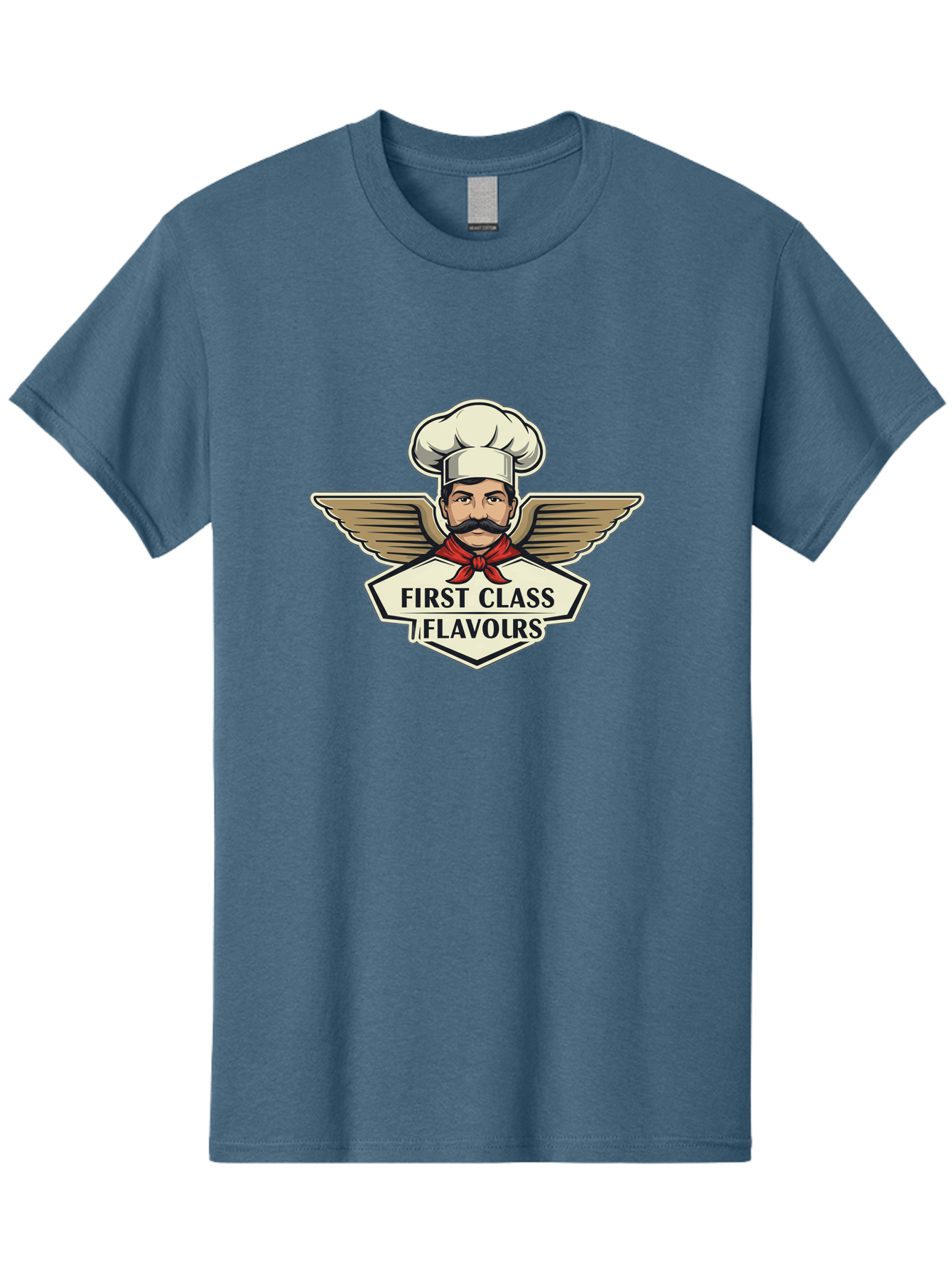 First-Class-Flavours Men'S Graphic Tee, 100% Cotton, Comfortable Casual Summer Wear, Machine Washable, Chef With Wings, Gourmet Cuisine, Fine Dining, Chef'S Hat, Red Neckerchief, Mustache, Luxurious Food, High-End Flavors, Culinary Excellence Bad095