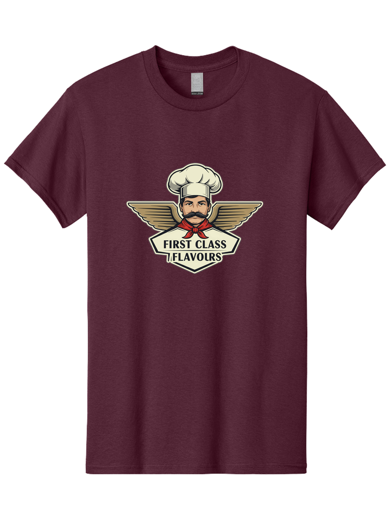 First-Class-Flavours Men'S Graphic Tee, 100% Cotton, Comfortable Casual Summer Wear, Machine Washable, Chef With Wings, Gourmet Cuisine, Fine Dining, Chef'S Hat, Red Neckerchief, Mustache, Luxurious Food, High-End Flavors, Culinary Excellence Bad095