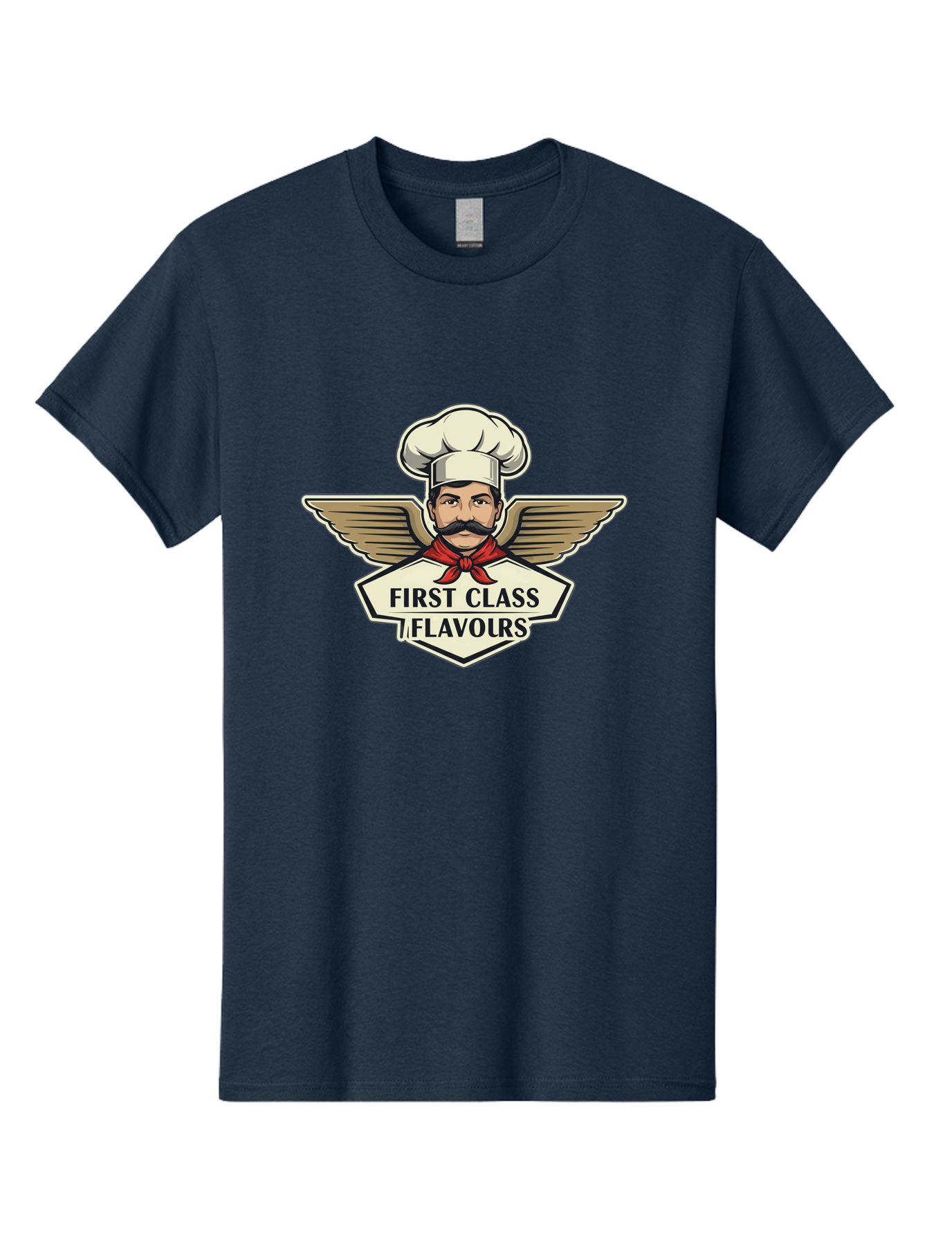 First-Class-Flavours Men'S Graphic Tee, 100% Cotton, Comfortable Casual Summer Wear, Machine Washable, Chef With Wings, Gourmet Cuisine, Fine Dining, Chef'S Hat, Red Neckerchief, Mustache, Luxurious Food, High-End Flavors, Culinary Excellence Bad095