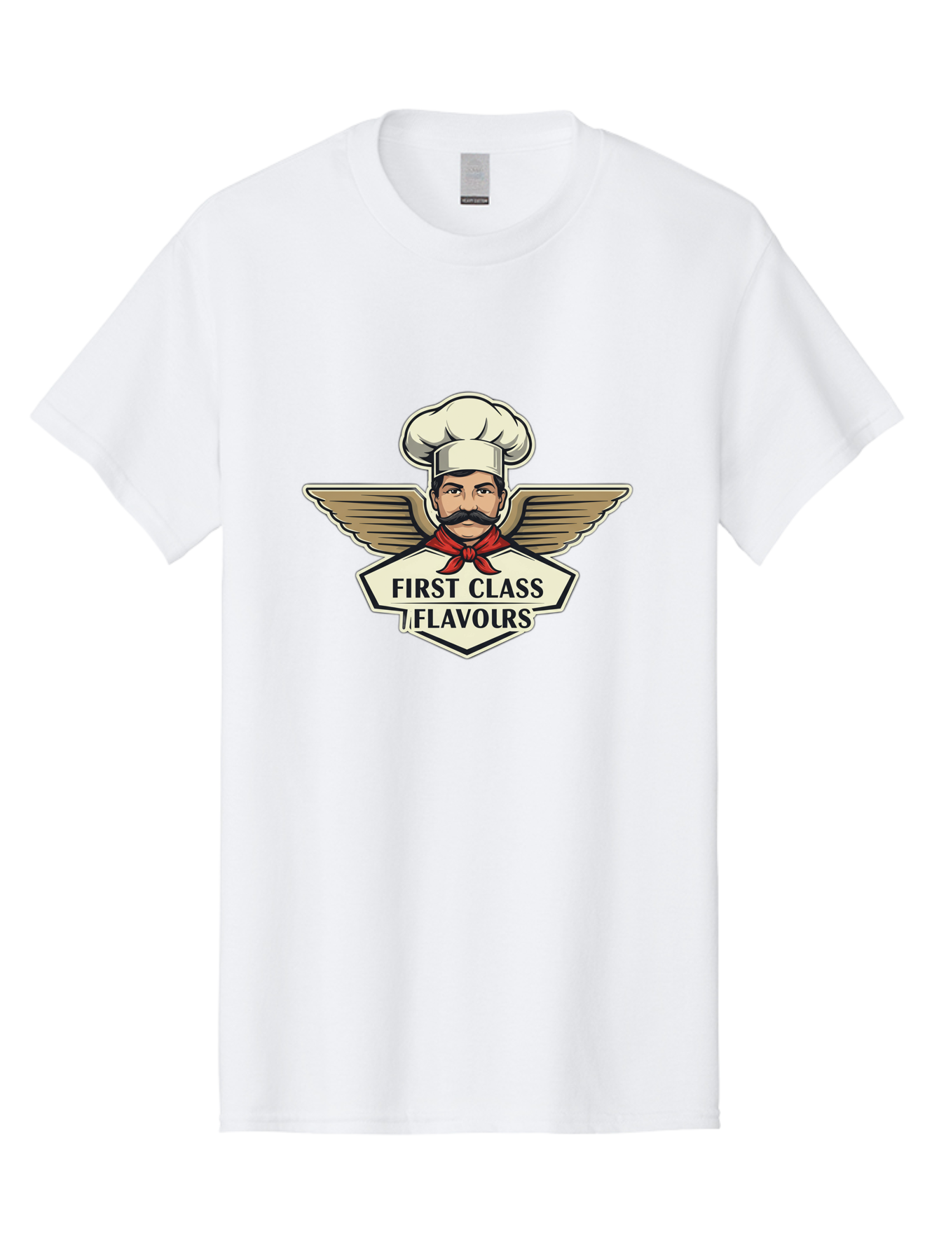 First-Class-Flavours Men'S Graphic Tee, 100% Cotton, Comfortable Casual Summer Wear, Machine Washable, Chef With Wings, Gourmet Cuisine, Fine Dining, Chef'S Hat, Red Neckerchief, Mustache, Luxurious Food, High-End Flavors, Culinary Excellence Bad095