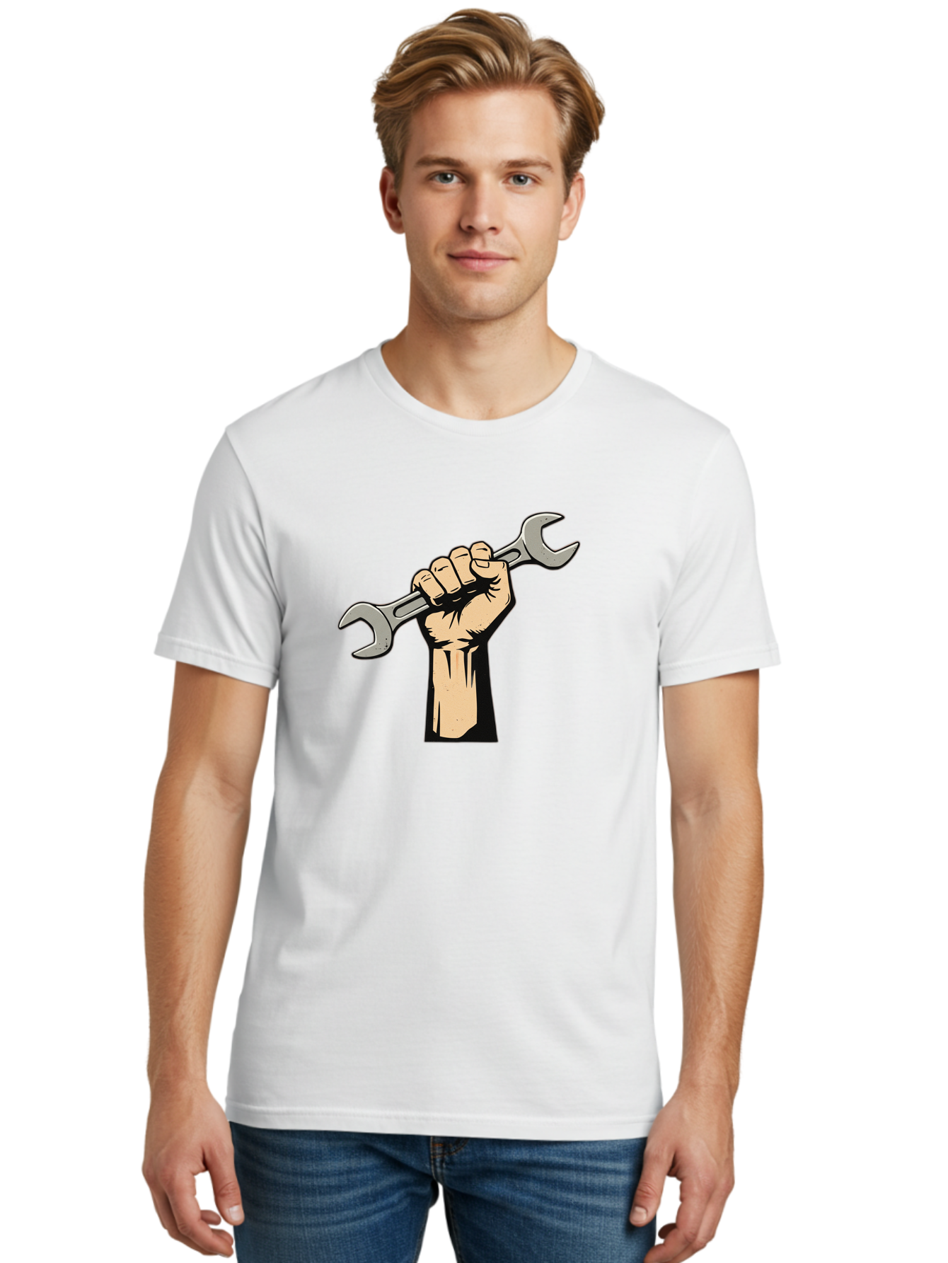 Fist-Holding-Wrench Men'S Graphic Tee, 100% Cotton, Comfortable Casual Summer Wear, Machine Washable, Hand Holding Wrench, Fist Grip, Hand Tool, Mechanic Symbol, Diy, Wrench Illustration, Labor, Hand Strength, Maintenance Bad096