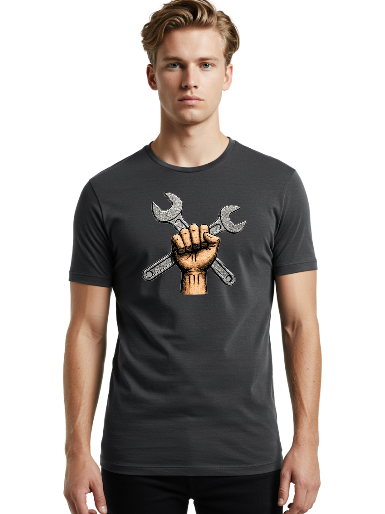 Fist-Holding-Wrenches Men'S Graphic Tee, 100% Cotton, Comfortable Casual Summer Wear, Machine Washable, Clenched Fist Holding Wrenches, Diy Tools, Repair Equipment, Handyman Symbols, Mechanic'S Hands, Maintenance Theme, Industrial Imagery Bad097