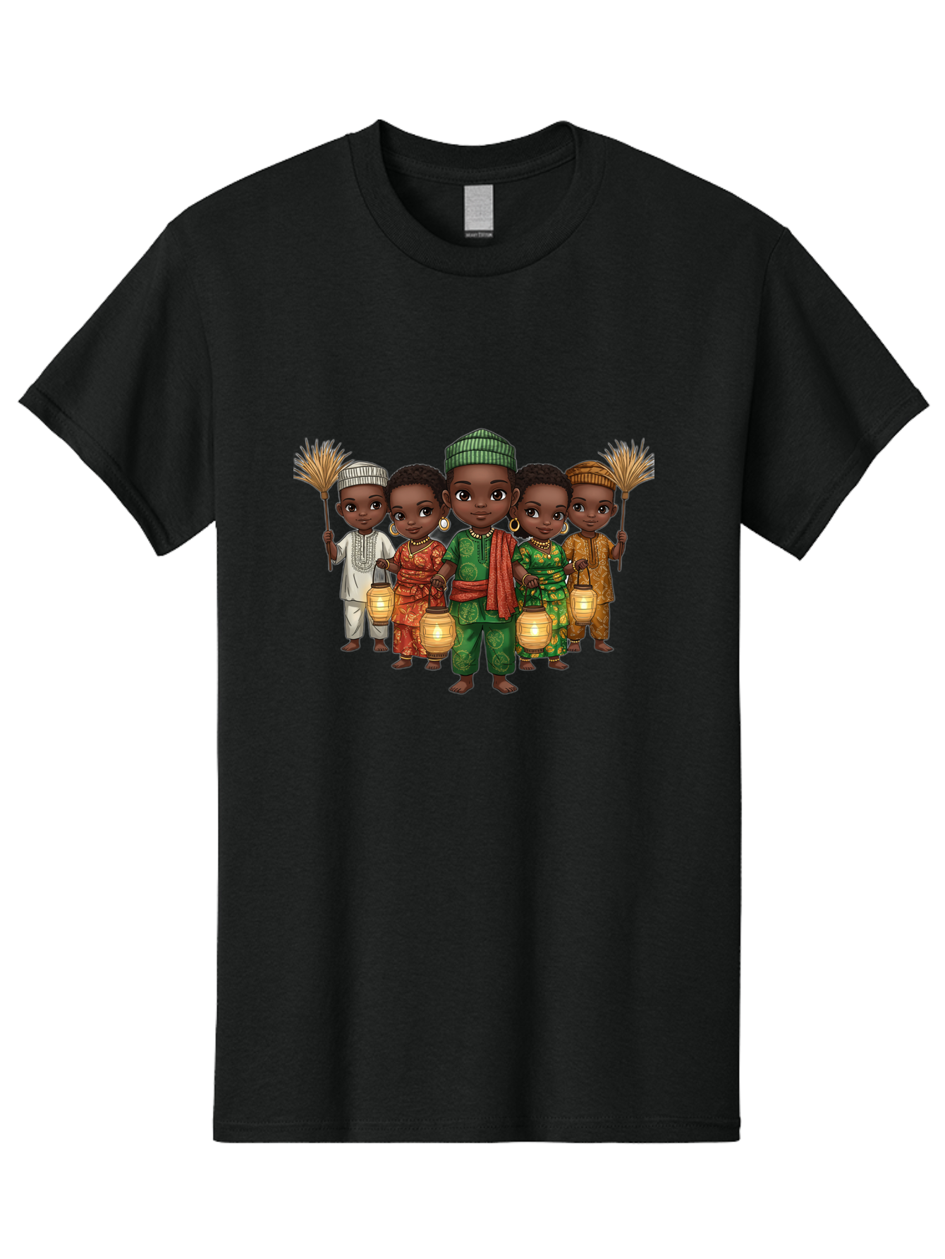 Five-Children Men'S Graphic Tee, 100% Cotton, Comfortable Casual Summer Wear, Machine Washable, Children In Traditional Attire, Cultural Heritage, African Fashion, Lanterns, Fans, Youthful Energy, Vibrant Colors, Traditional Clothing, Bad098