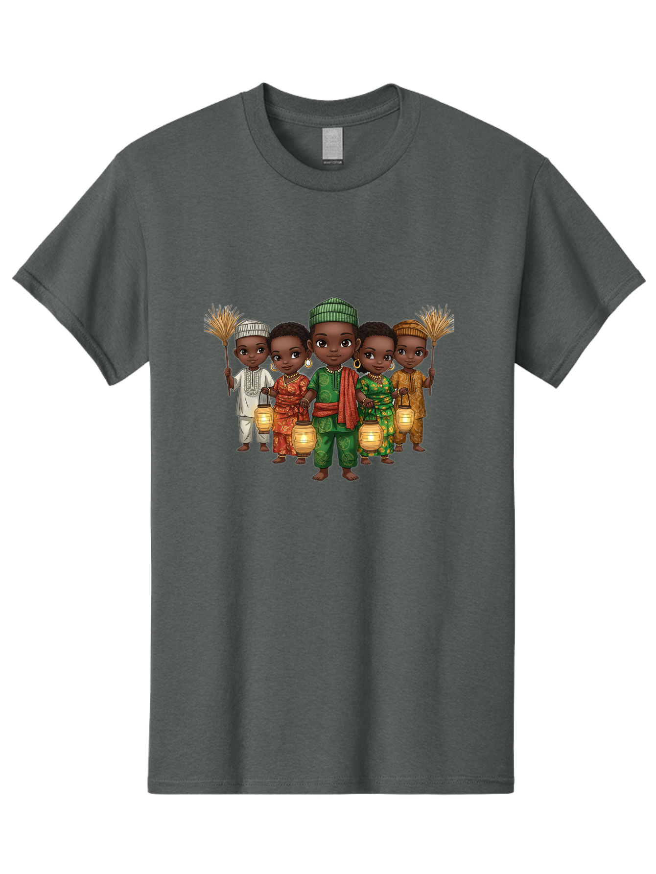 Five-Children Men'S Graphic Tee, 100% Cotton, Comfortable Casual Summer Wear, Machine Washable, Children In Traditional Attire, Cultural Heritage, African Fashion, Lanterns, Fans, Youthful Energy, Vibrant Colors, Traditional Clothing, Bad098
